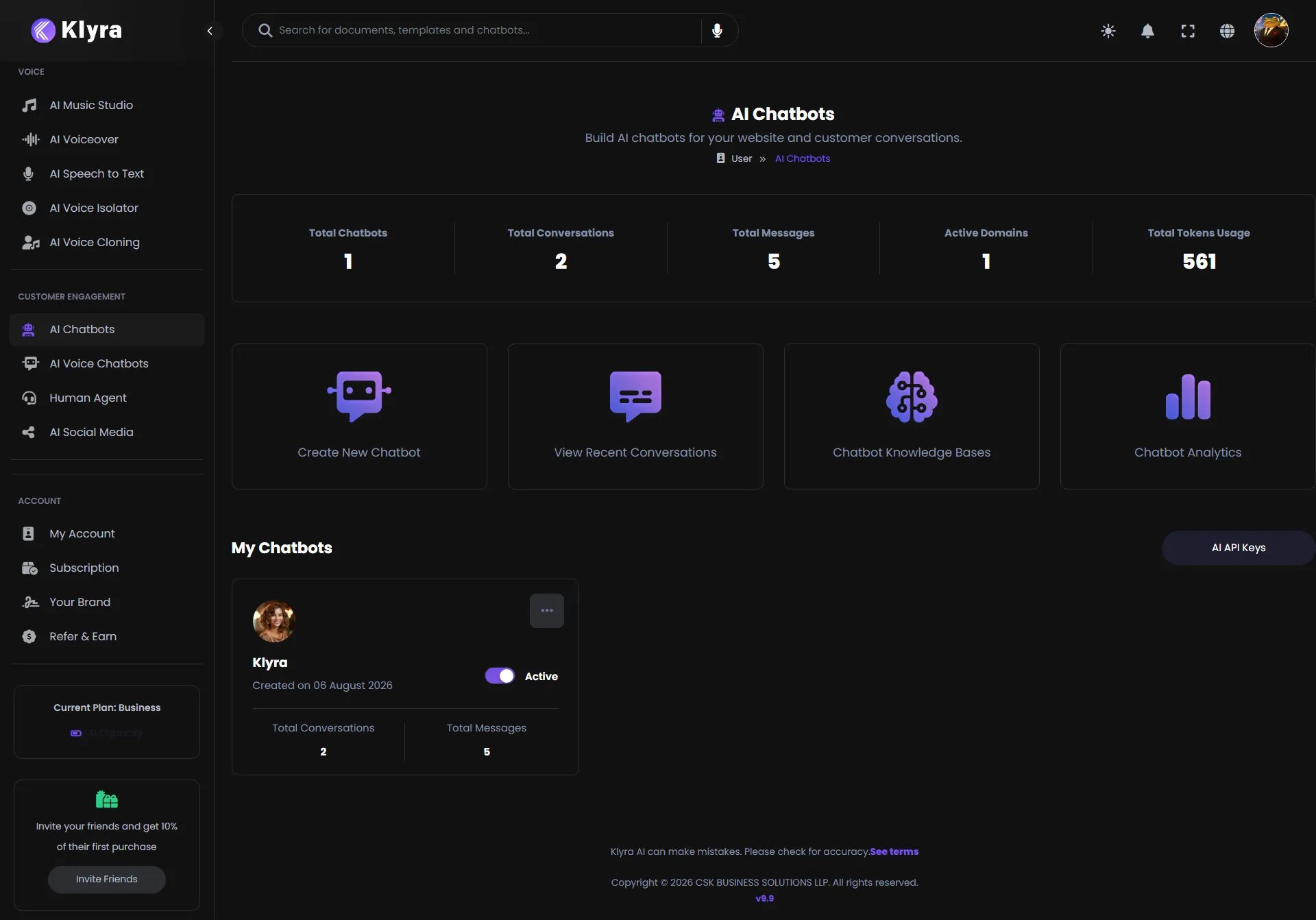 Klyra AI Chatbots dashboard showing chatbot metrics, creation shortcuts, and an existing chatbot