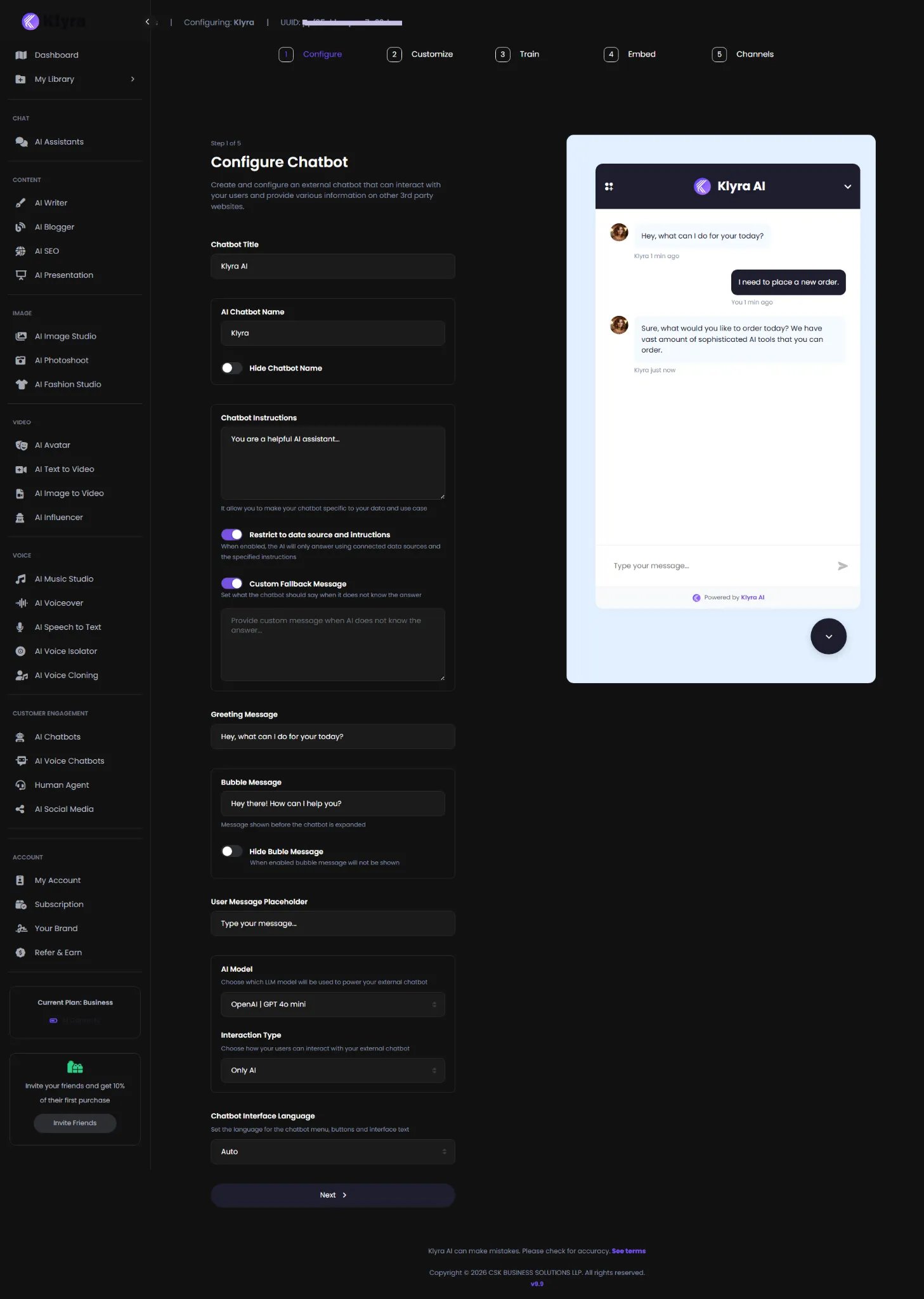 Klyra AI Configure Chatbot step showing chatbot identity, instructions, messages, model, interaction type, and interface language