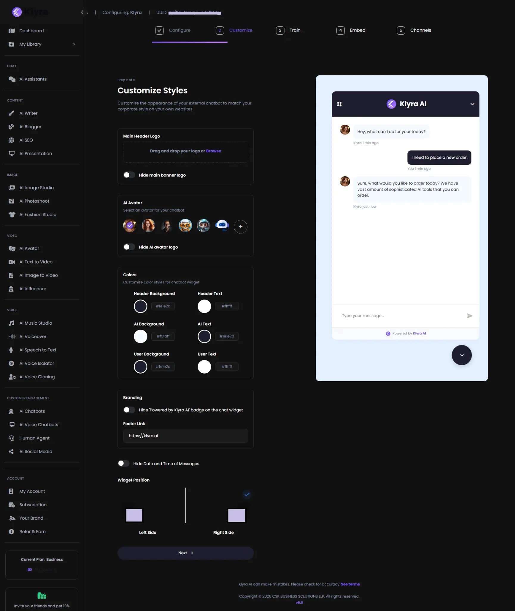 Klyra AI Customize Styles step showing logo, avatar, colors, branding, timestamp, and widget position settings