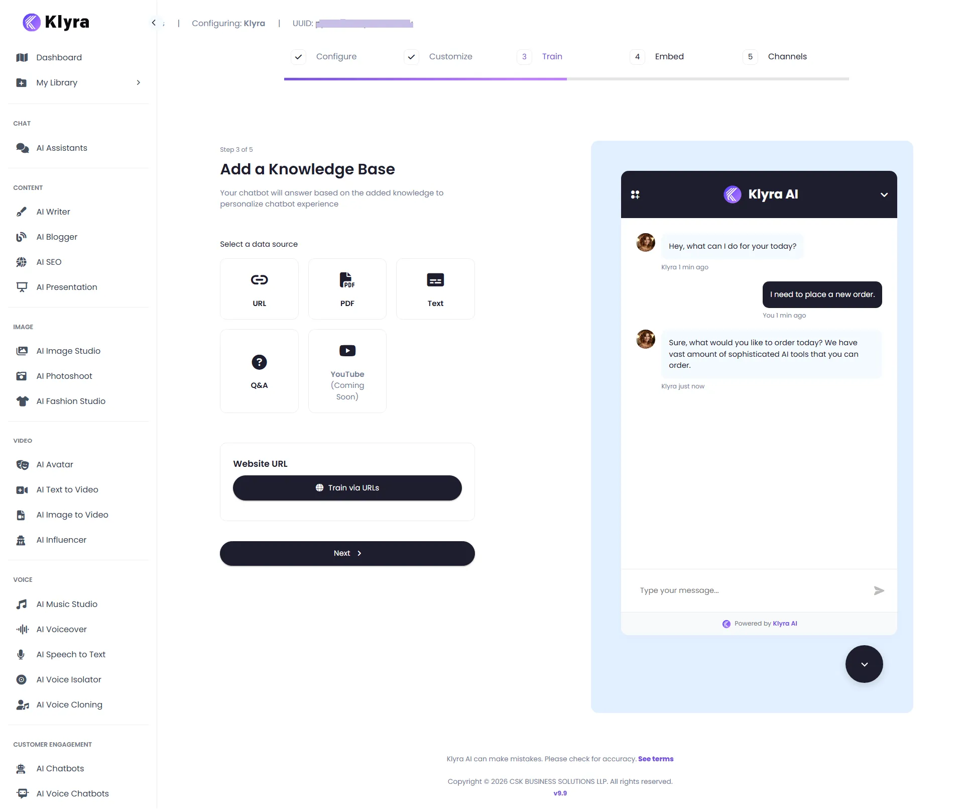 Klyra AI Add a Knowledge Base step showing URL, PDF, Text, Q&A, and Website URL training options