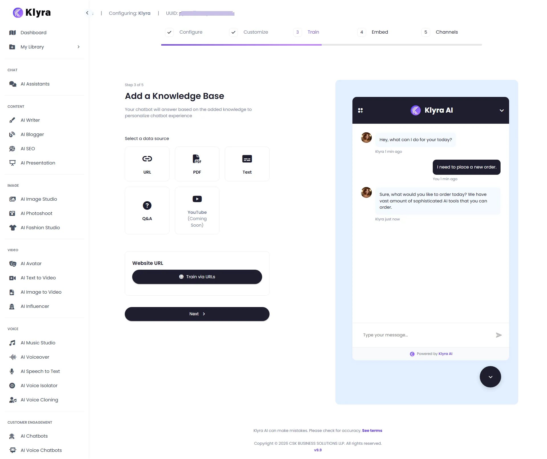Klyra AI Add a Knowledge Base step showing URL, PDF, Text, Q&A, and Website URL training options