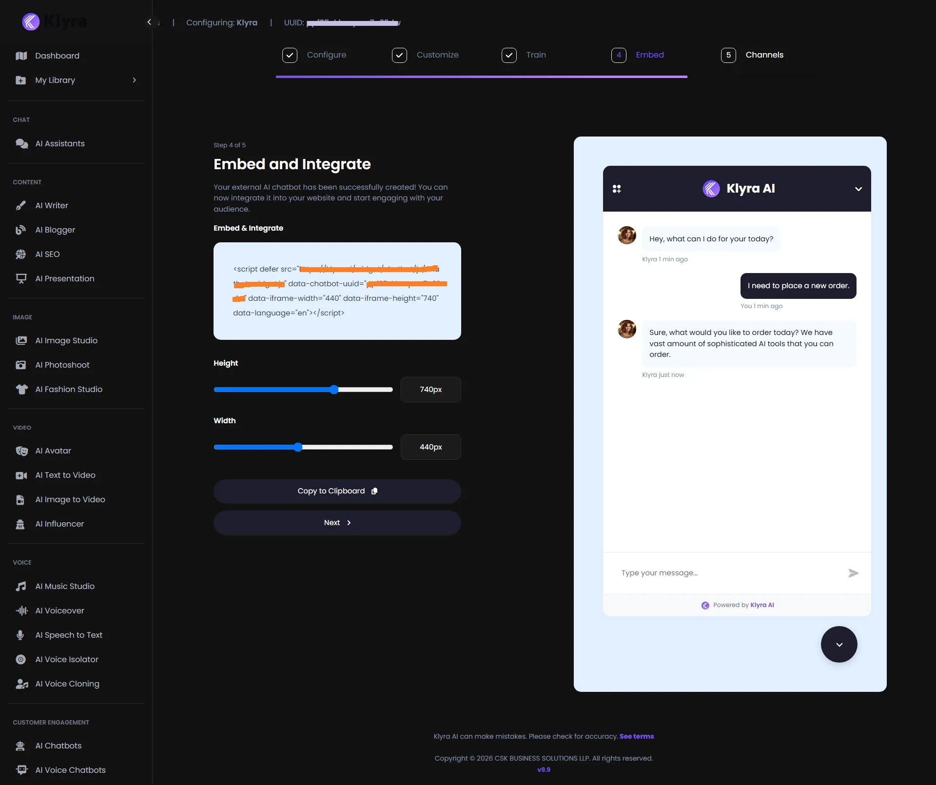 Klyra AI Embed and Integrate step showing chatbot embed code, width, height, and copy controls