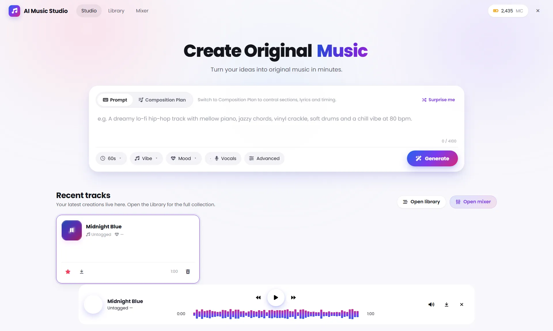 AI Music Studio Prompt mode showing the music prompt composer, creative controls, Generate button, and Recent tracks