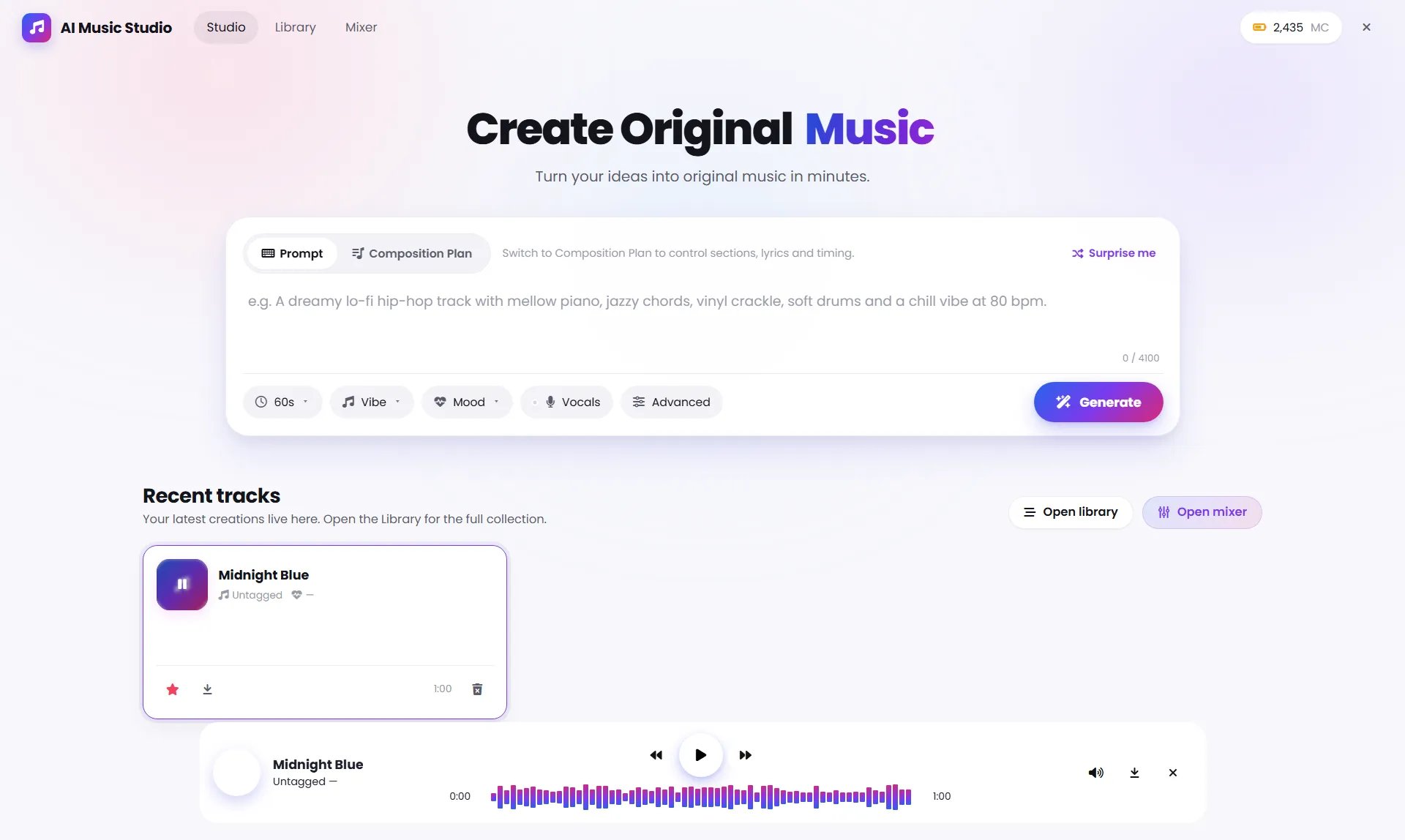 AI Music Studio Prompt mode showing the music prompt composer, creative controls, Generate button, and Recent tracks