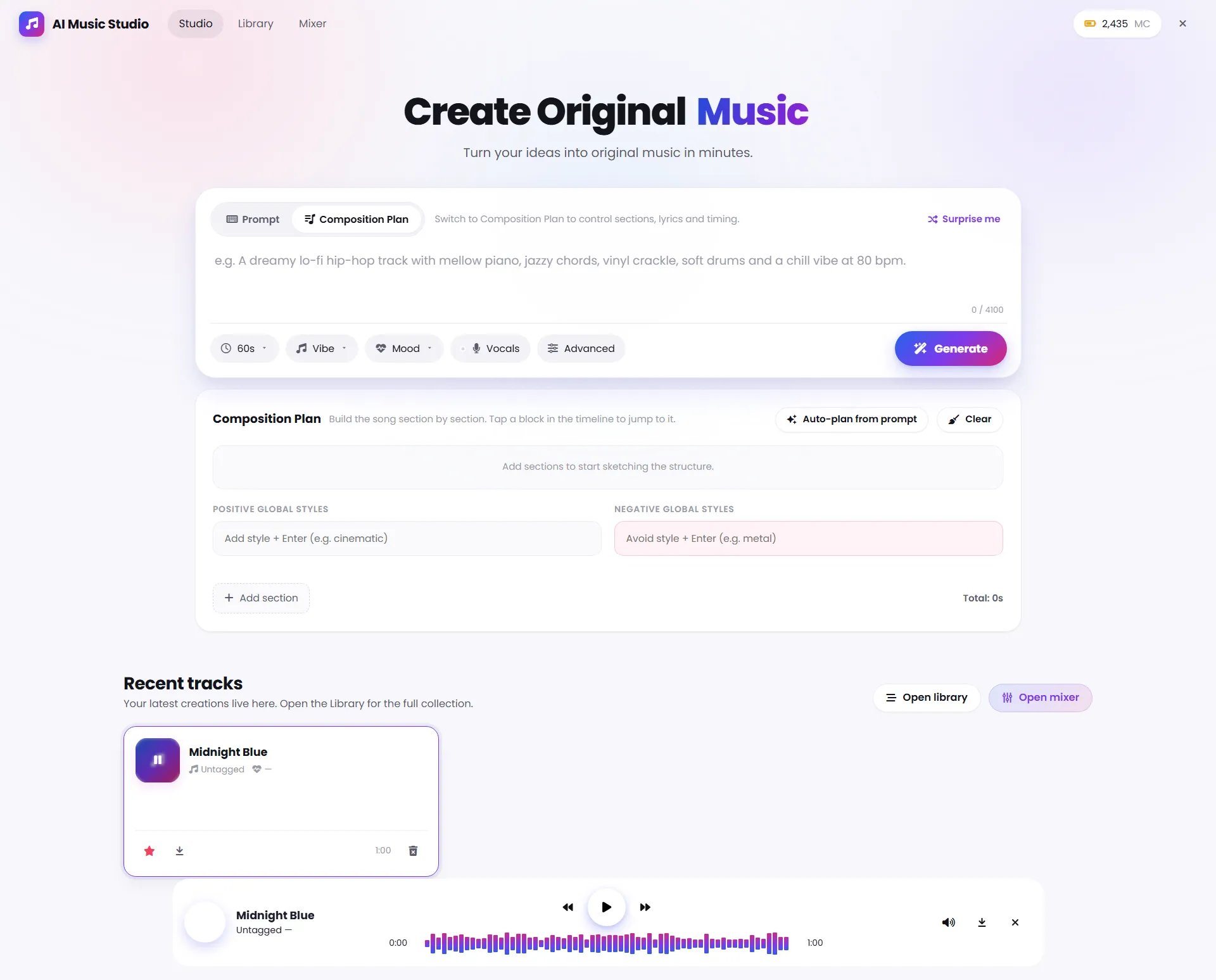 AI Music Studio Composition Plan showing the timeline area, global styles, and Add section controls