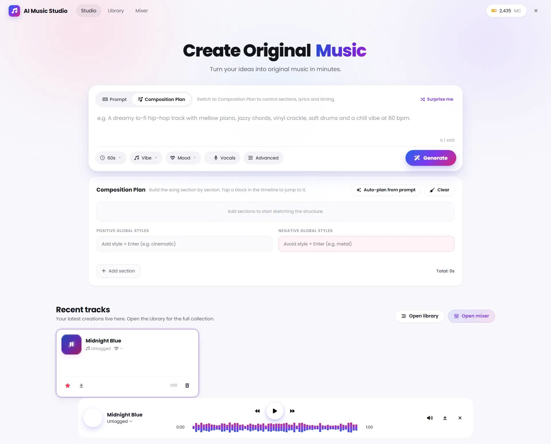 AI Music Studio Composition Plan showing the timeline area, global styles, and Add section controls