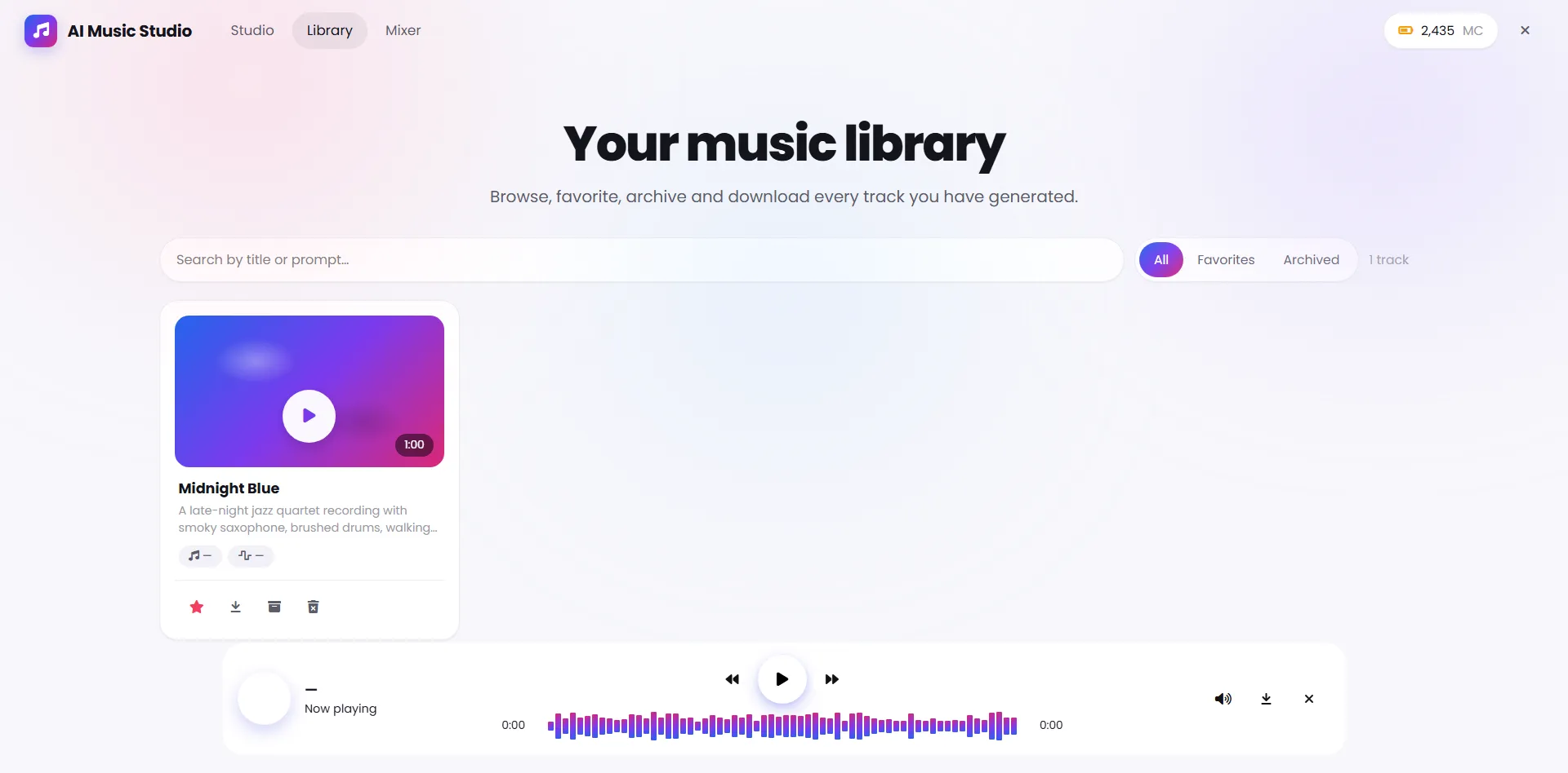 AI Music Studio Library showing search, All Favorites Archived filters, a generated track card, and the persistent audio player