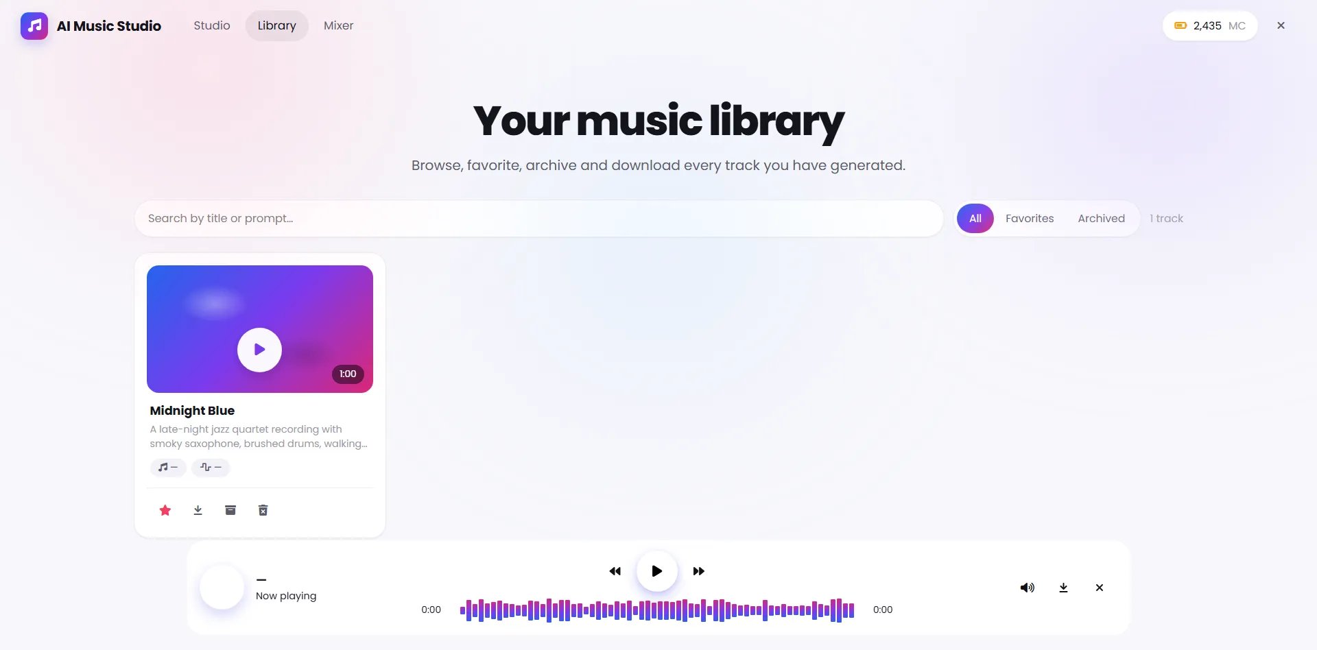 AI Music Studio Library showing search, All Favorites Archived filters, a generated track card, and the persistent audio player