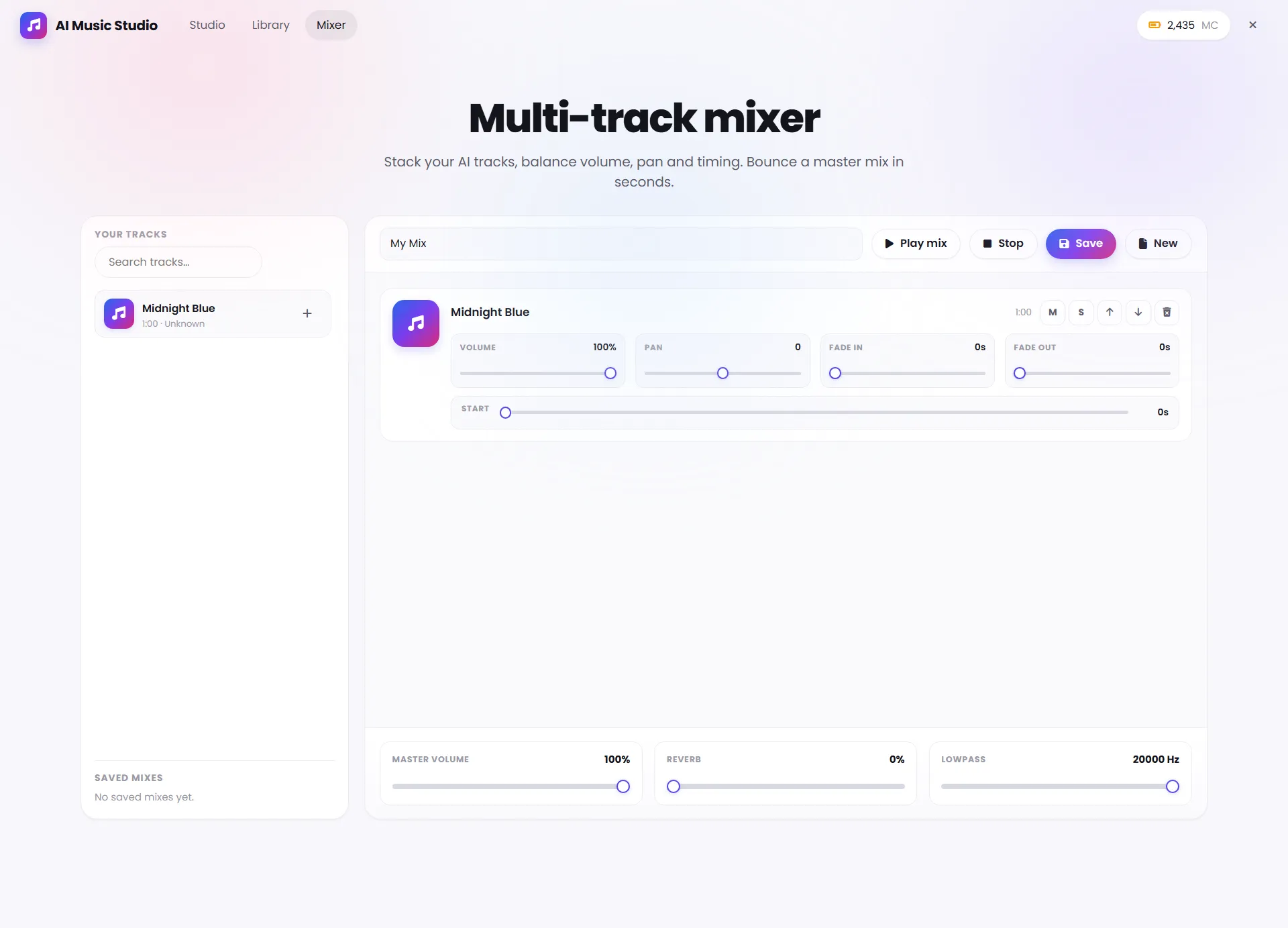 AI Music Studio Multi-track Mixer showing the track browser, mixer layer controls, playback controls, and master controls