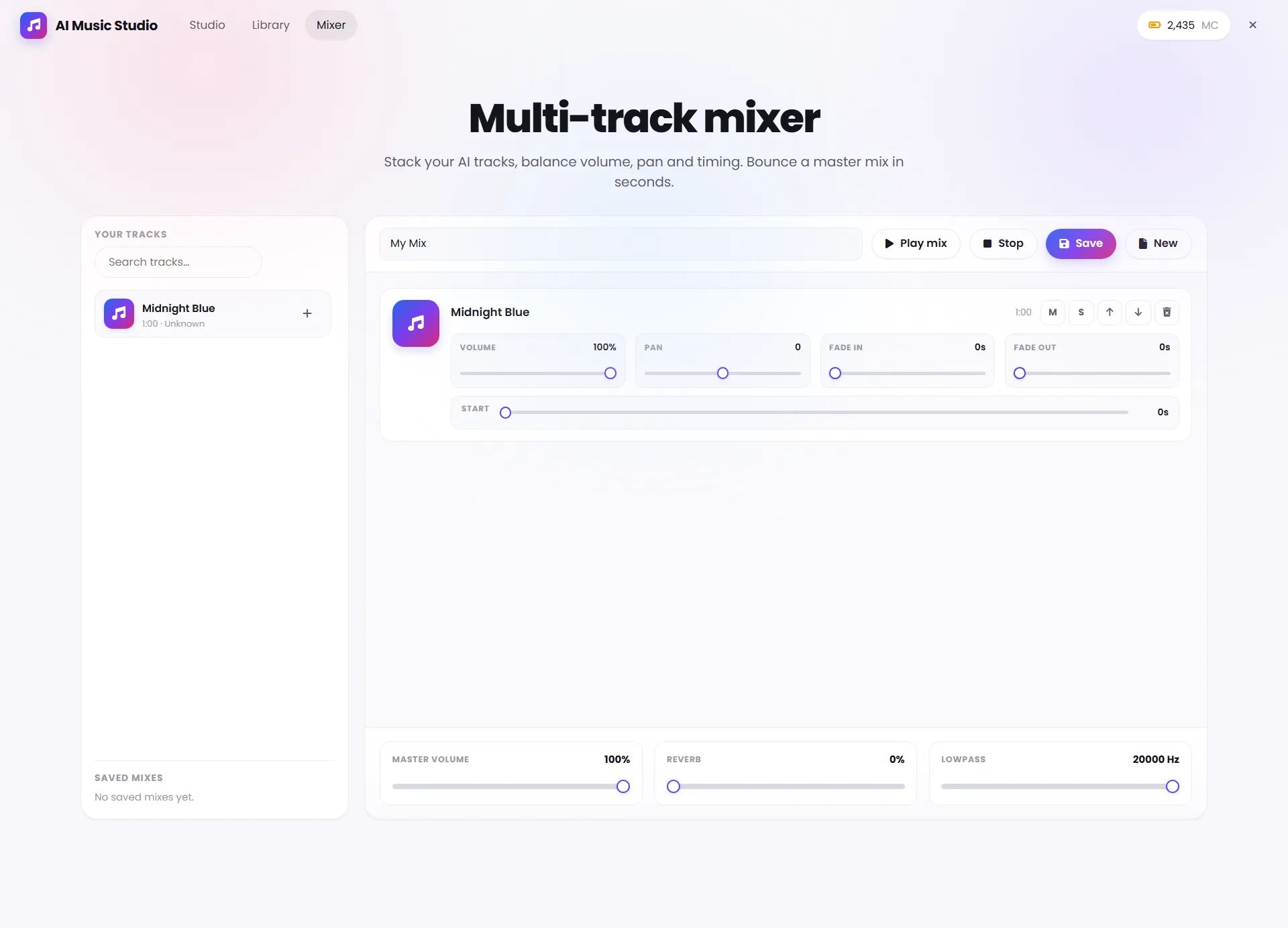AI Music Studio Multi-track Mixer showing the track browser, mixer layer controls, playback controls, and master controls