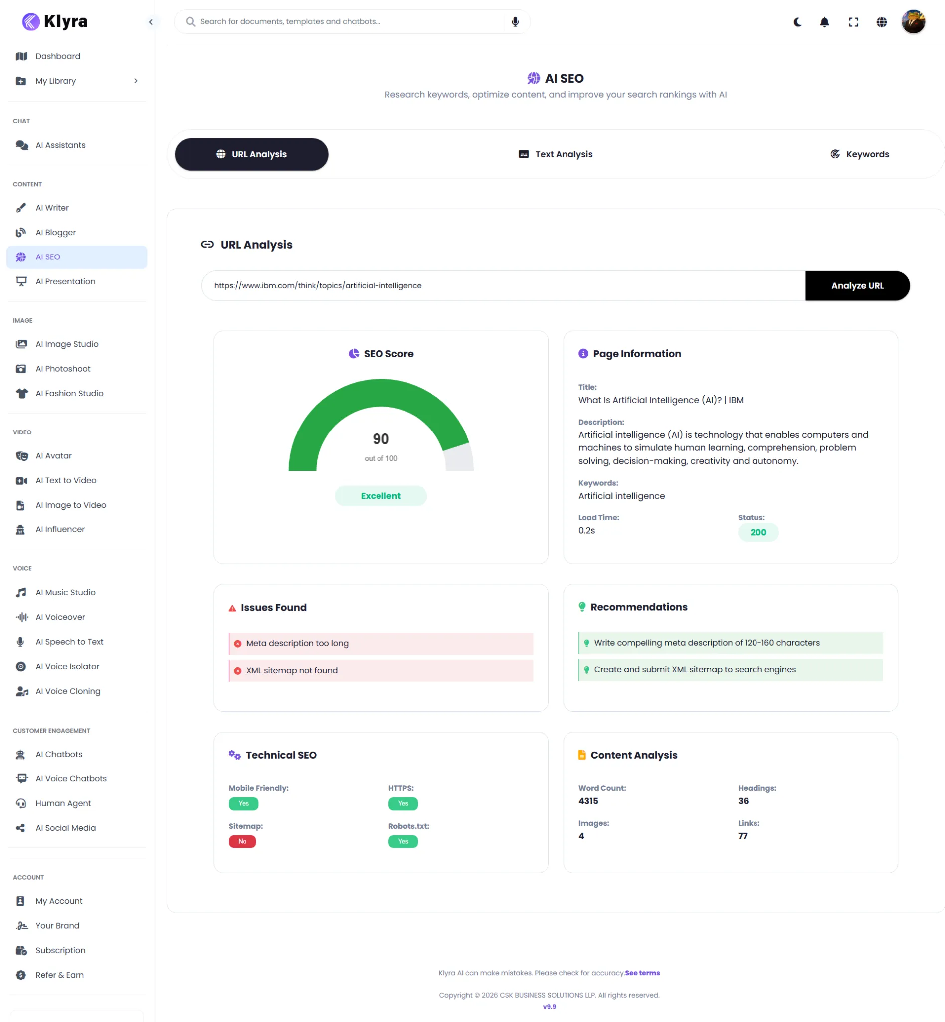 AI SEO URL Analysis input and results