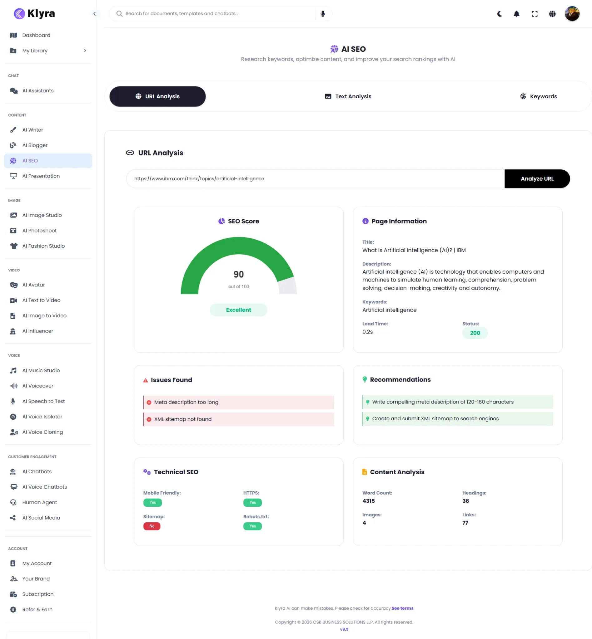 AI SEO URL Analysis input and results