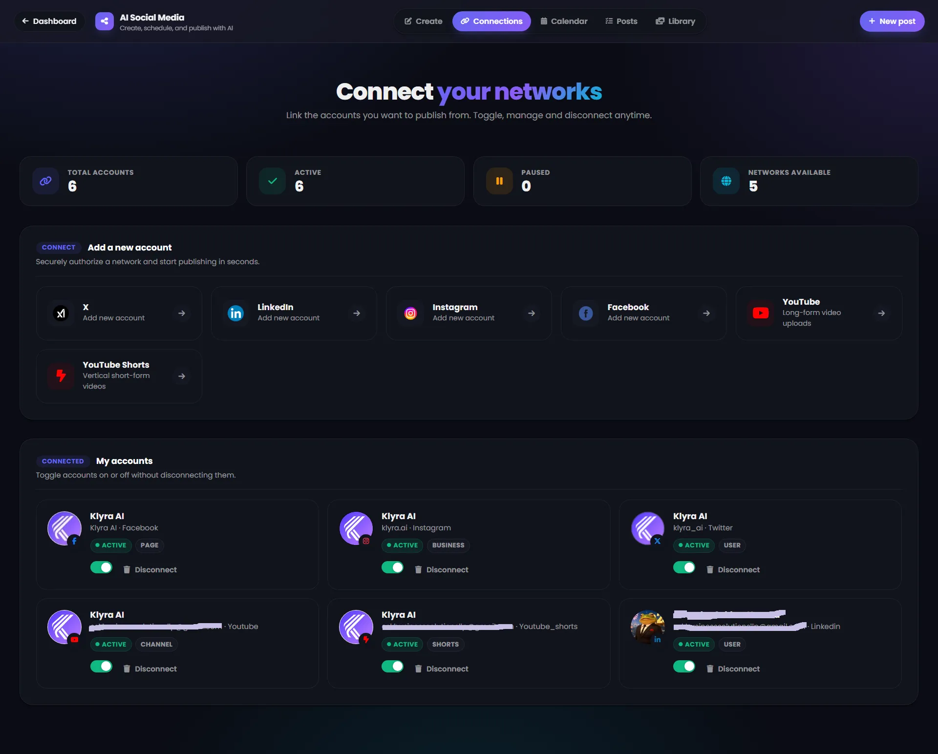 AI Social Media Connections screen showing connected accounts and available social networks