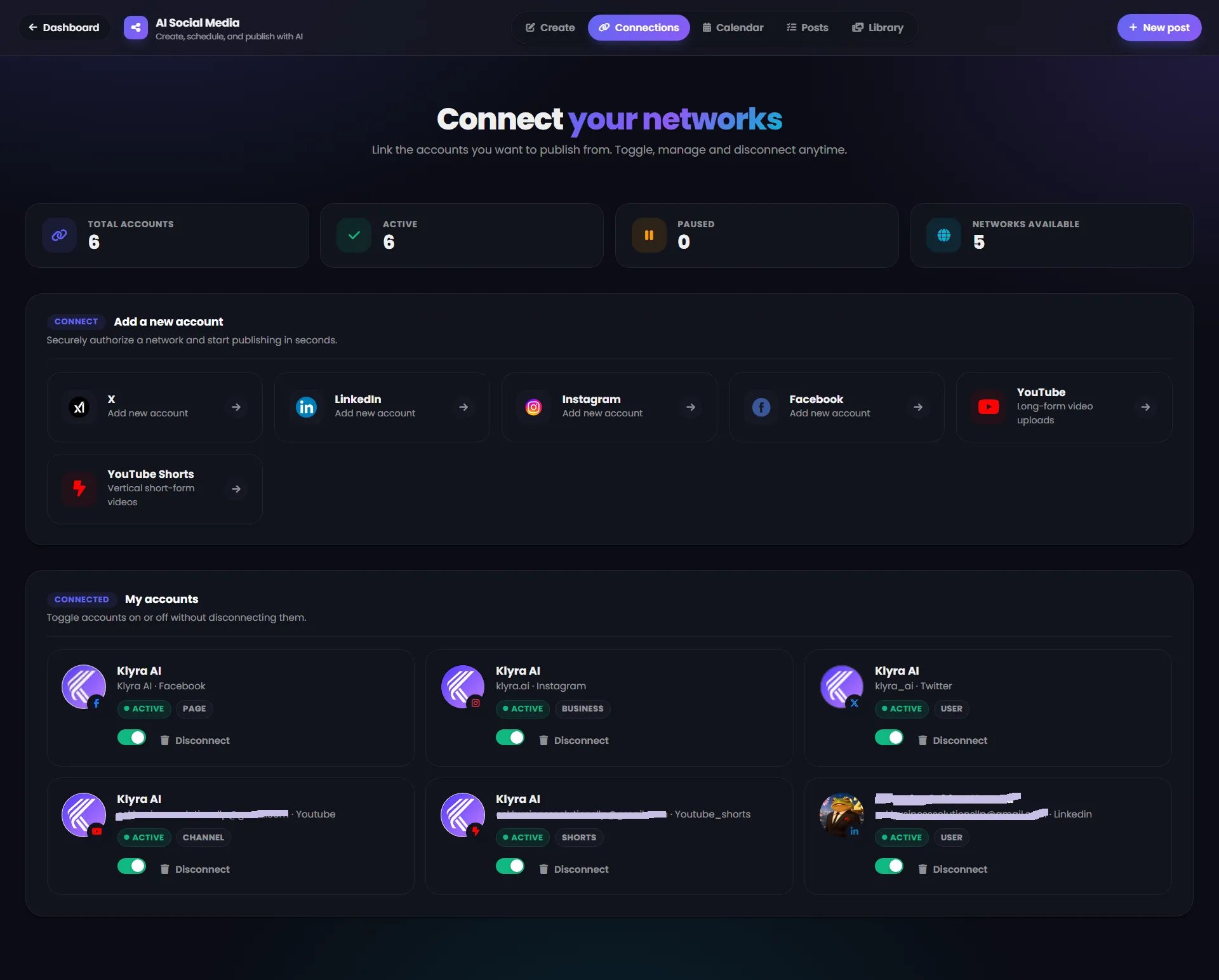 AI Social Media Connections screen showing connected accounts and available social networks