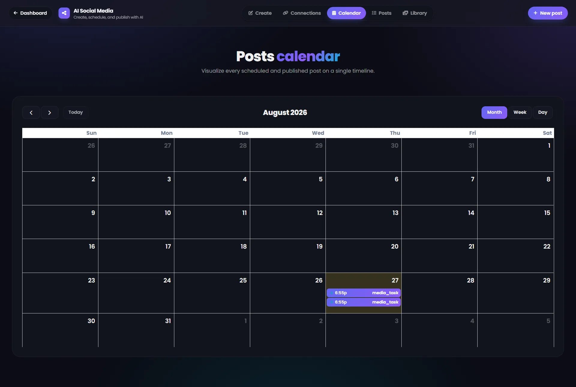 AI Social Media Calendar showing scheduled posts in a monthly calendar view