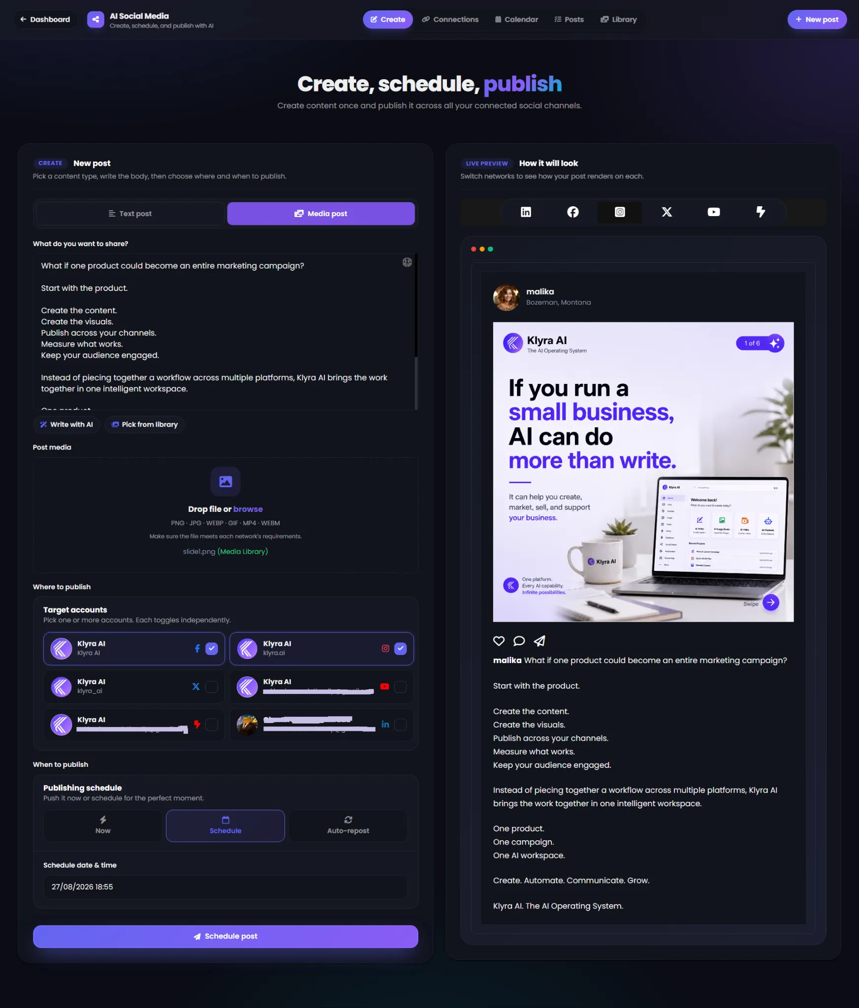 AI Social Media Create screen showing the post composer, target accounts, publishing schedule, and live preview