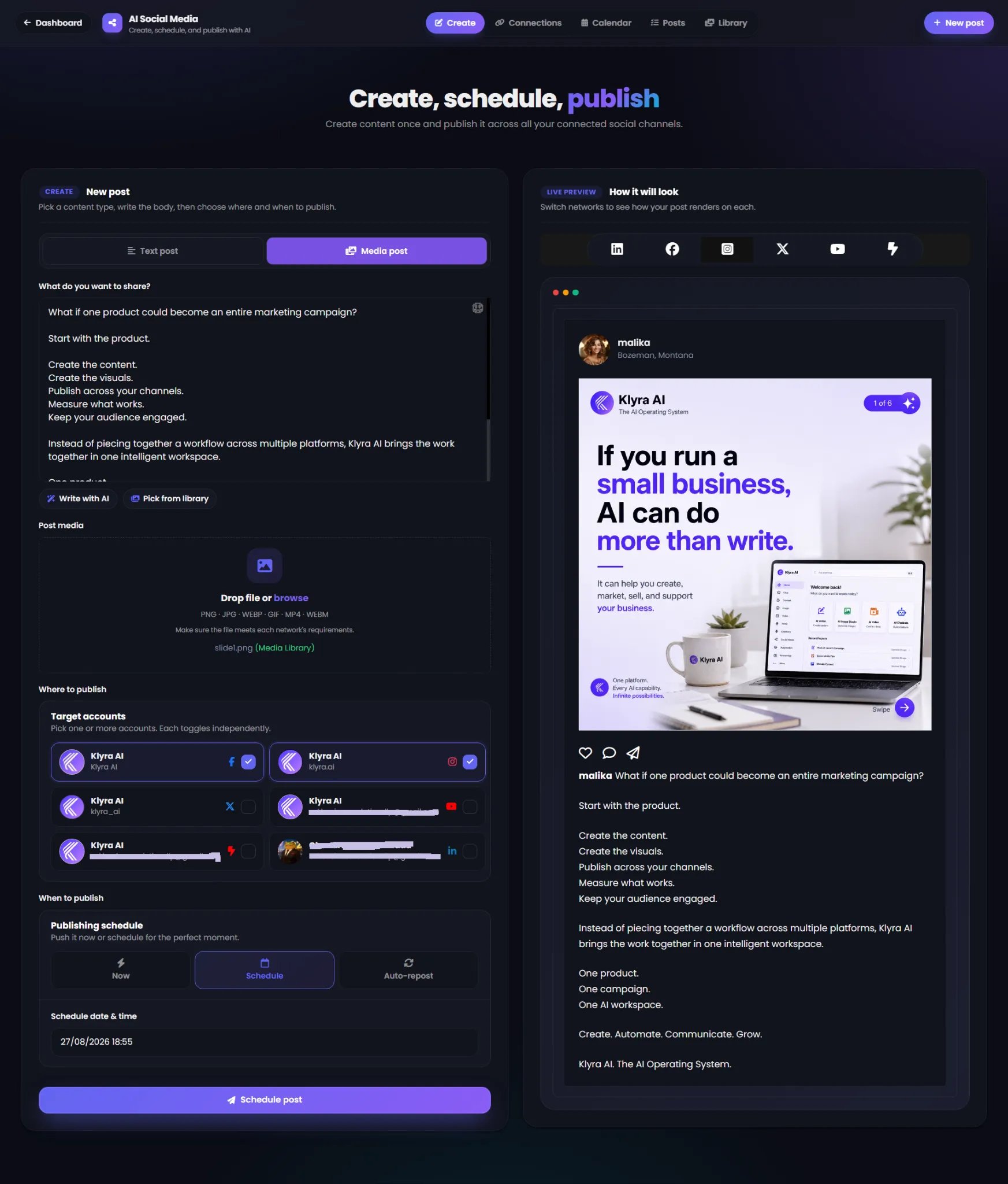 AI Social Media Create screen showing the post composer, target accounts, publishing schedule, and live preview
