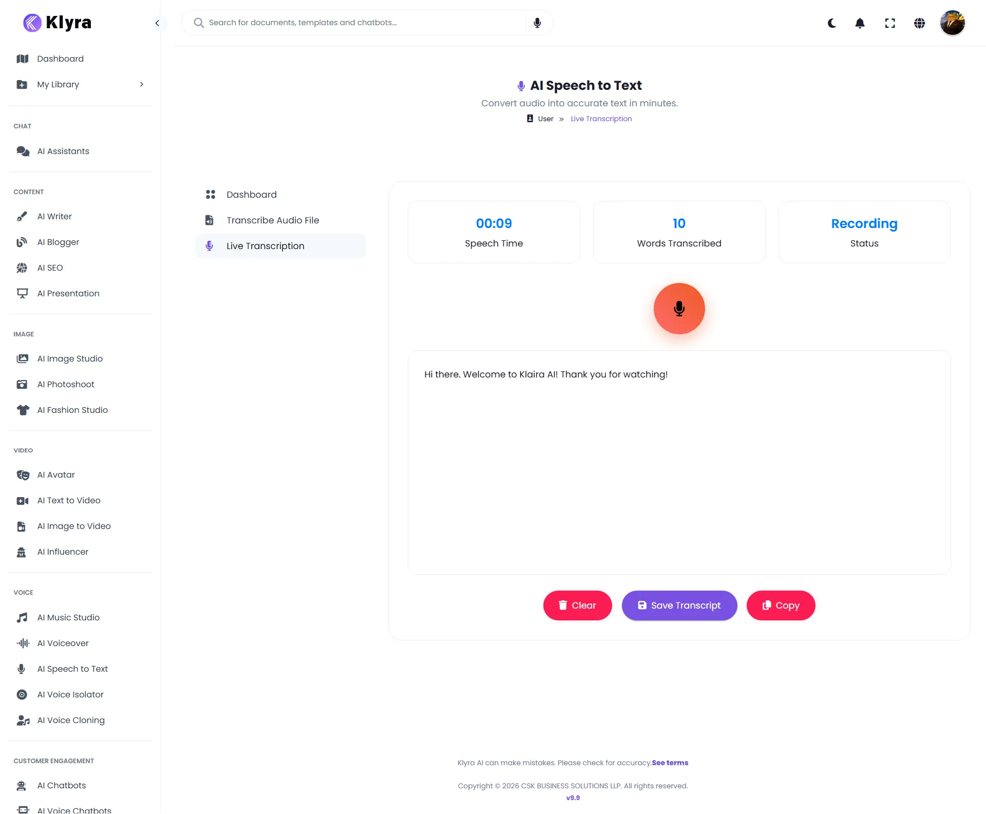 AI Speech to Text Live Transcription screen showing speech time, words transcribed, recording status, microphone control, transcript area, and save and copy actions