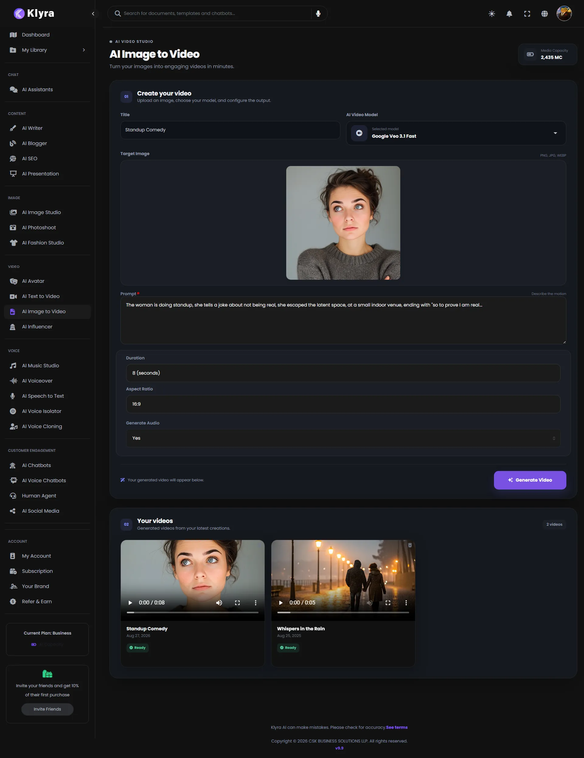 Klyra AI Image to Video interface showing image upload, preview, video model, prompt, duration, aspect ratio, and generated result