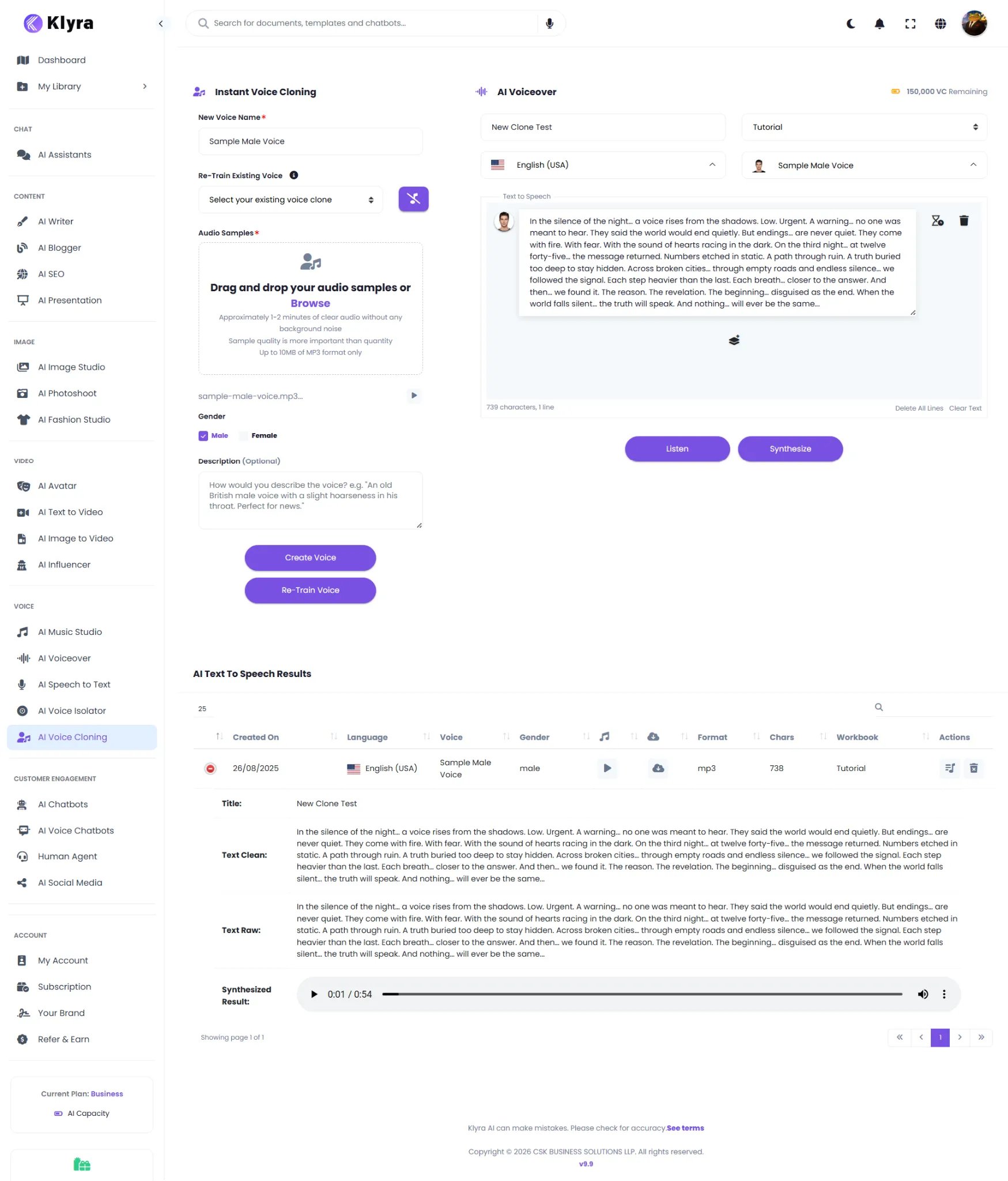Klyra AI Voice Cloning workspace showing Instant Voice Cloning and AI Voiceover