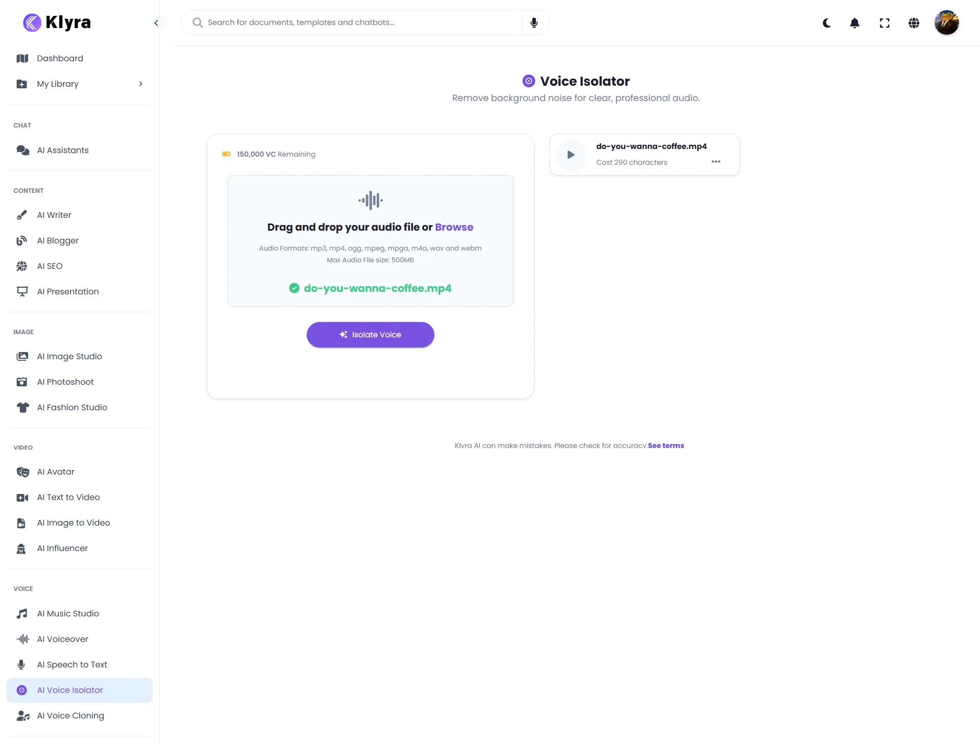 Klyra AI Voice Isolator workspace showing the audio upload area and Isolate Voice button