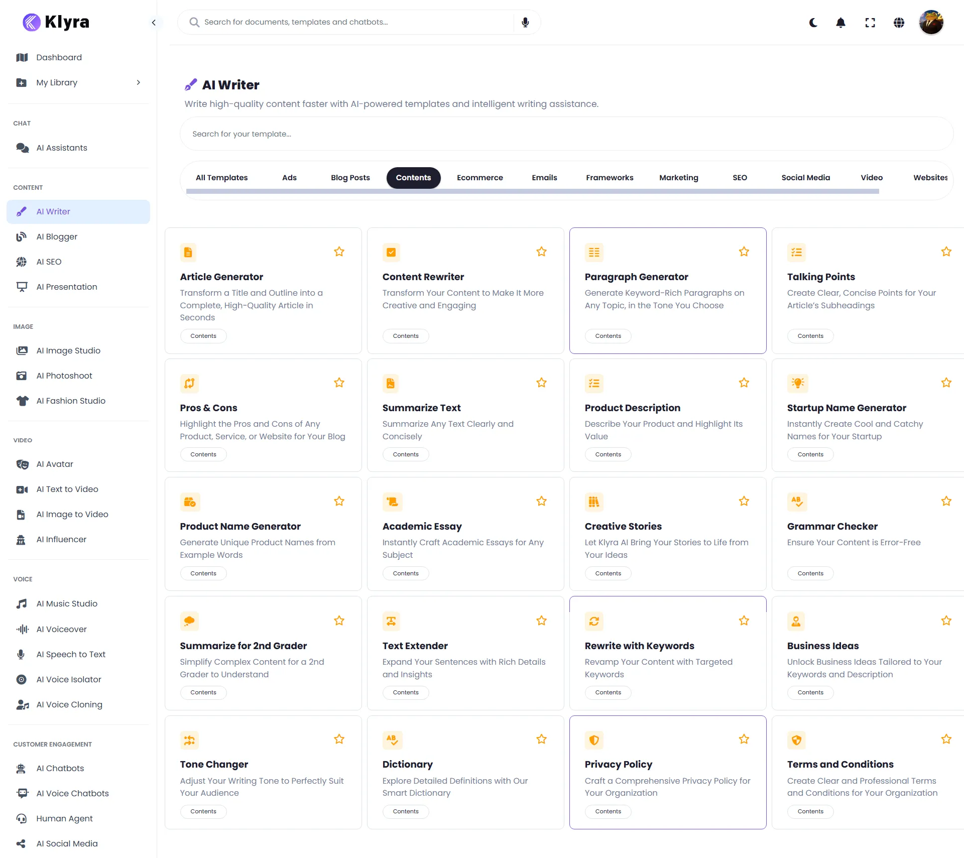 AI Writer workspace showing the template library