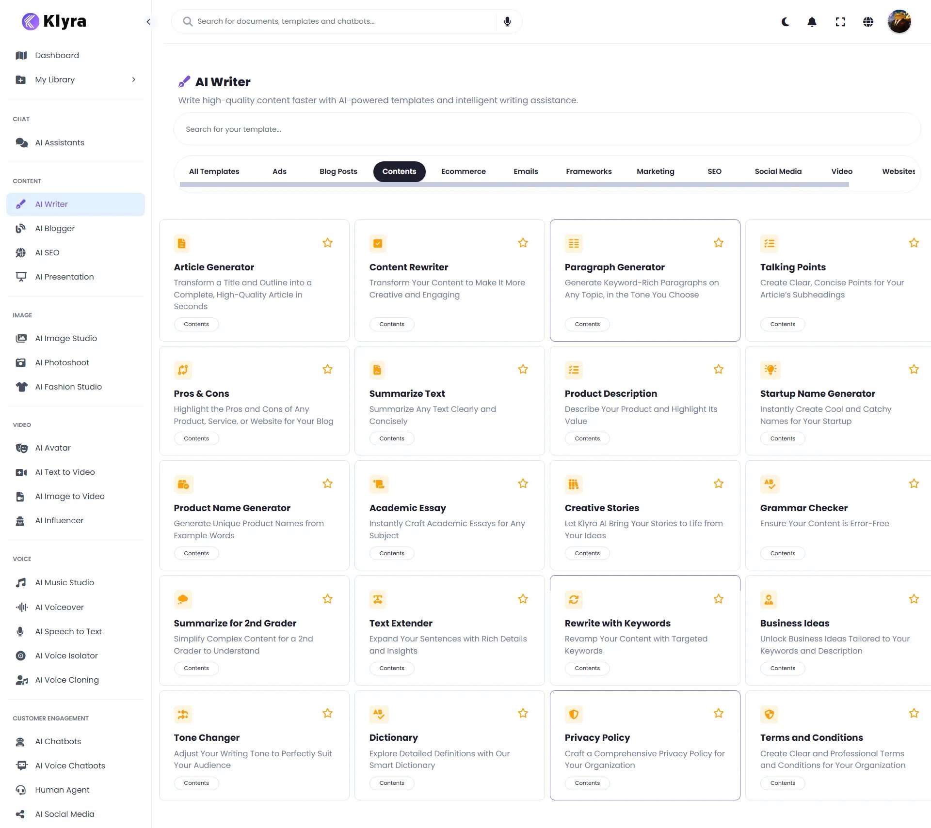 AI Writer workspace showing the template library