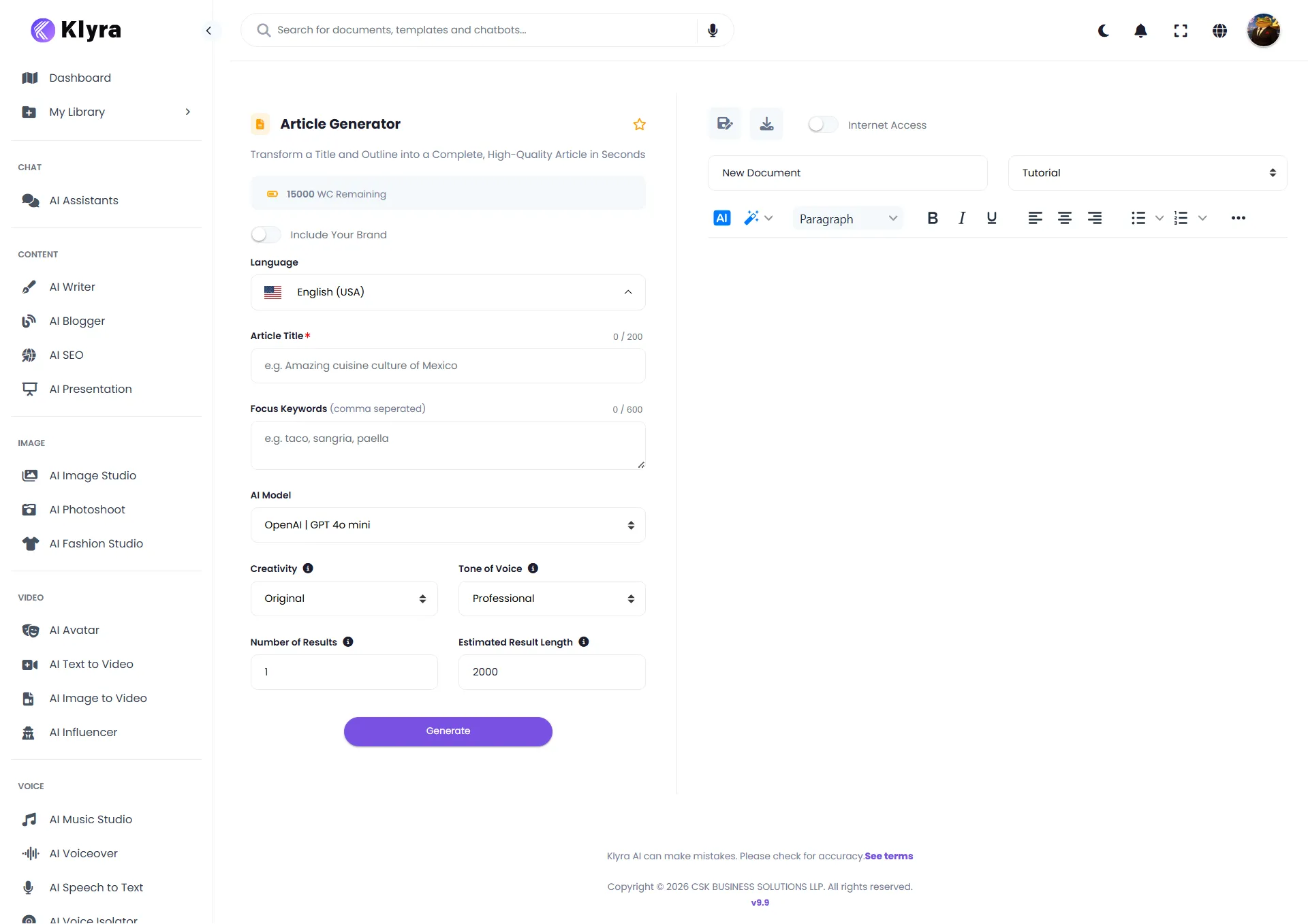 Article Generator showing the input form before generation