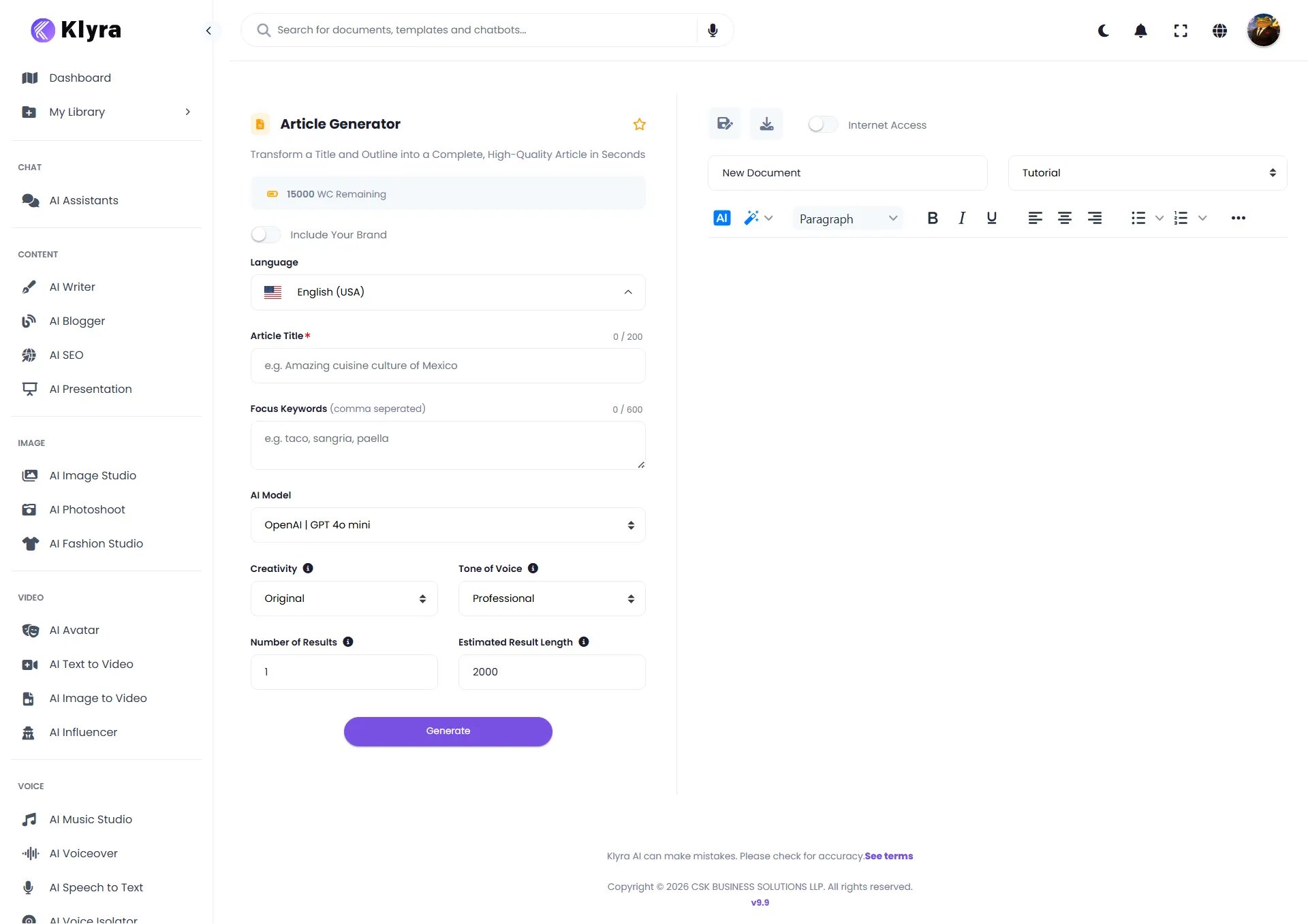 Article Generator showing the input form before generation