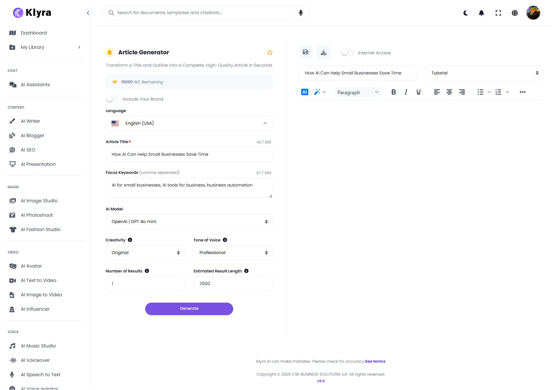 Article Generator with the document name entered