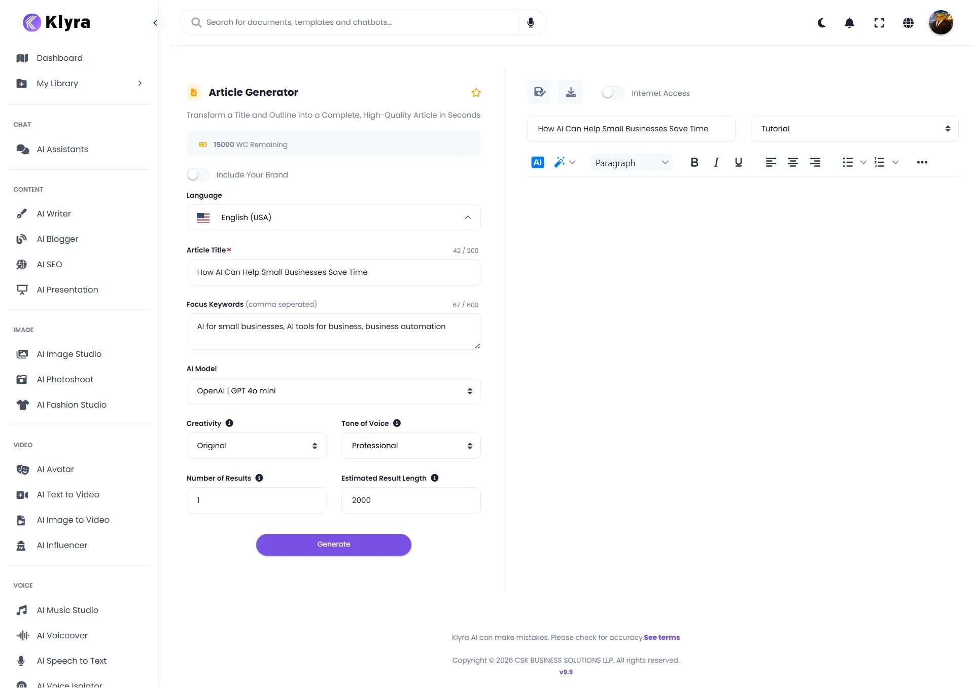 Article Generator with the document name entered