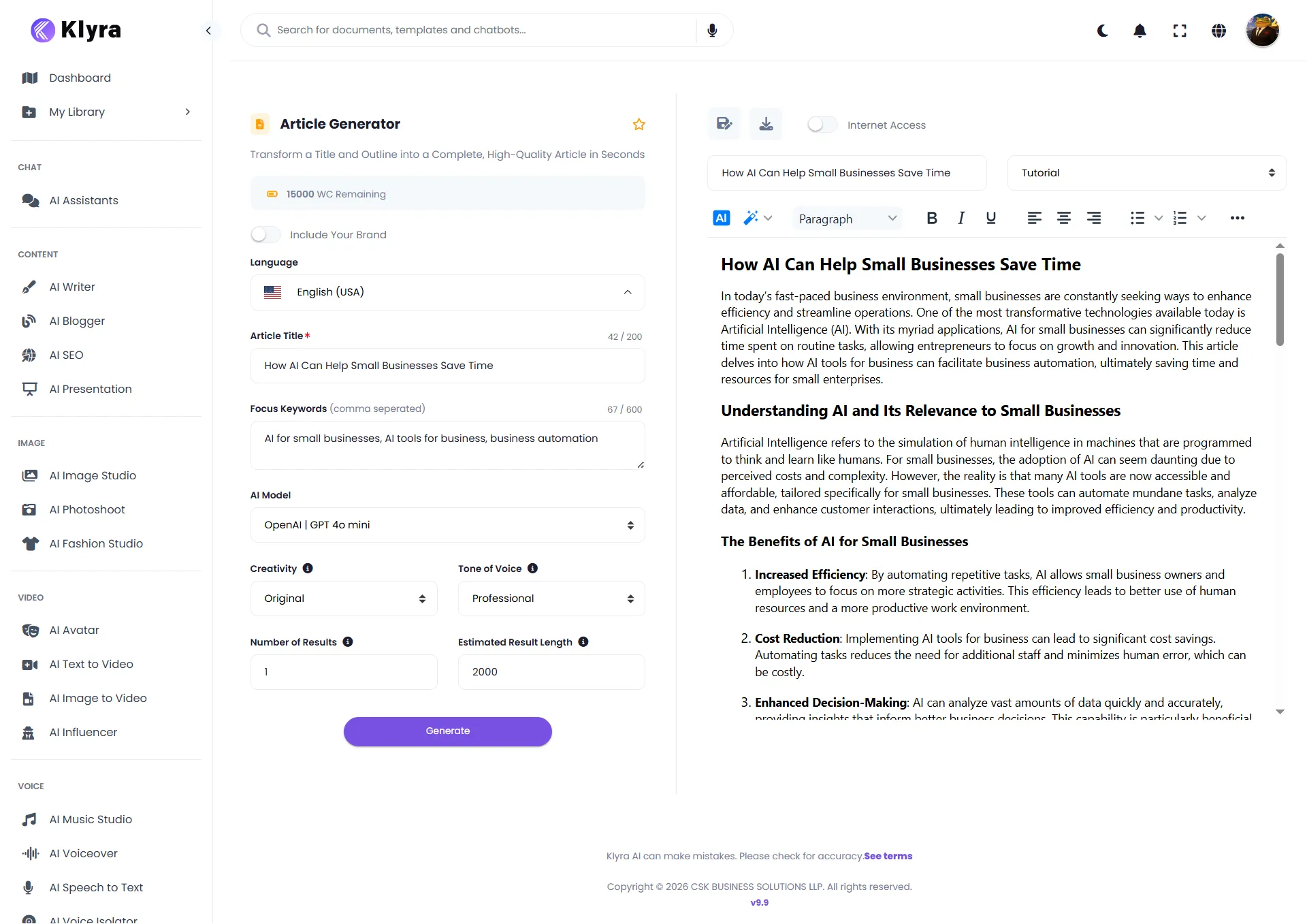 Generated article in the AI Writer editor