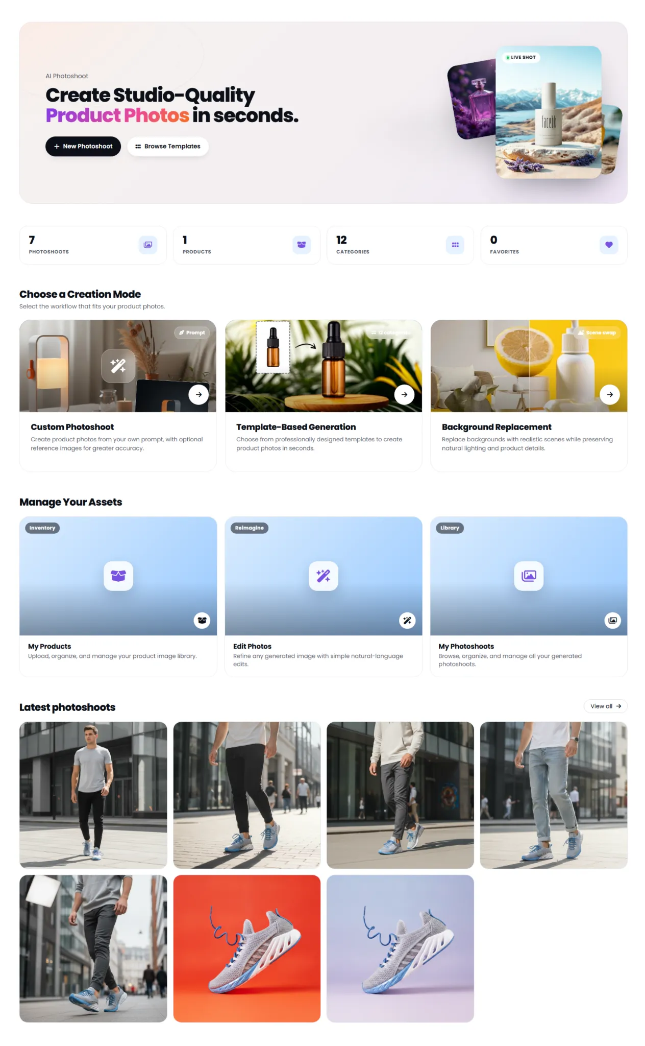 Klyra AI Photoshoot home page showing creation modes, asset management, and latest photoshoots