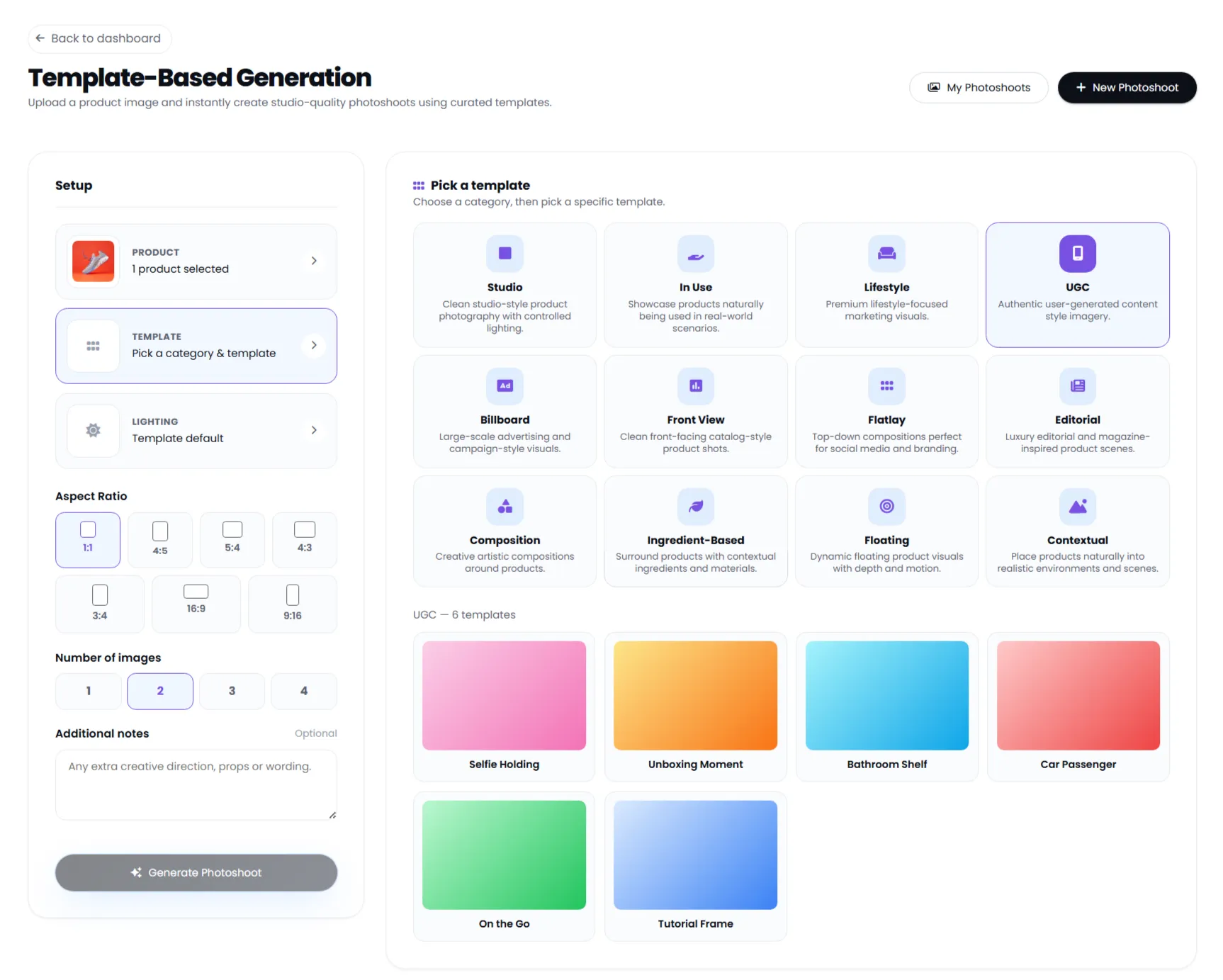 Klyra AI Template-Based Generation screen showing product selection, template categories, aspect ratio, image count, and notes