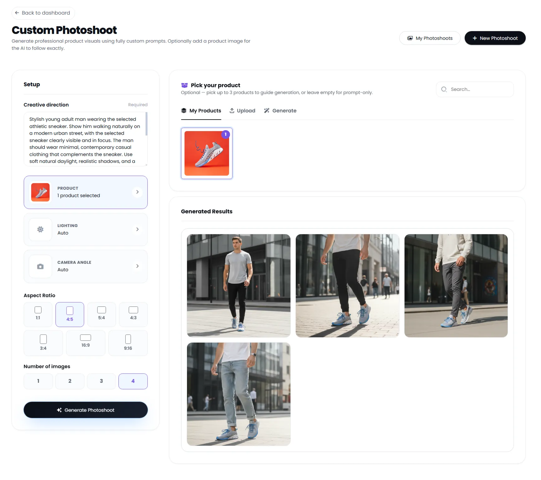 Klyra AI Custom Photoshoot screen showing creative direction, product selection, generation settings, and generated results