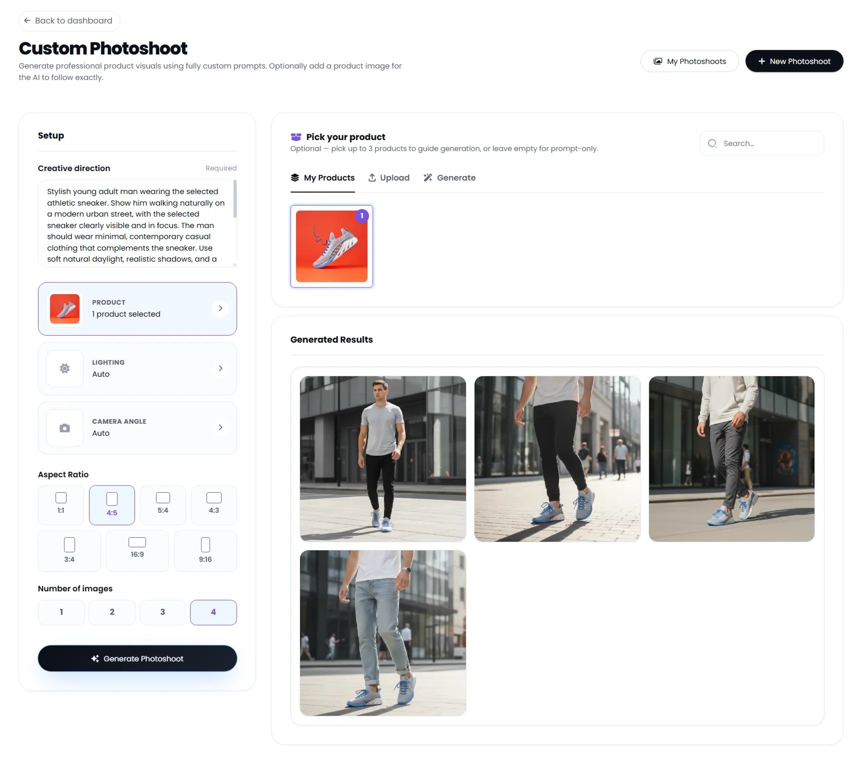 Klyra AI Custom Photoshoot screen showing creative direction, product selection, generation settings, and generated results