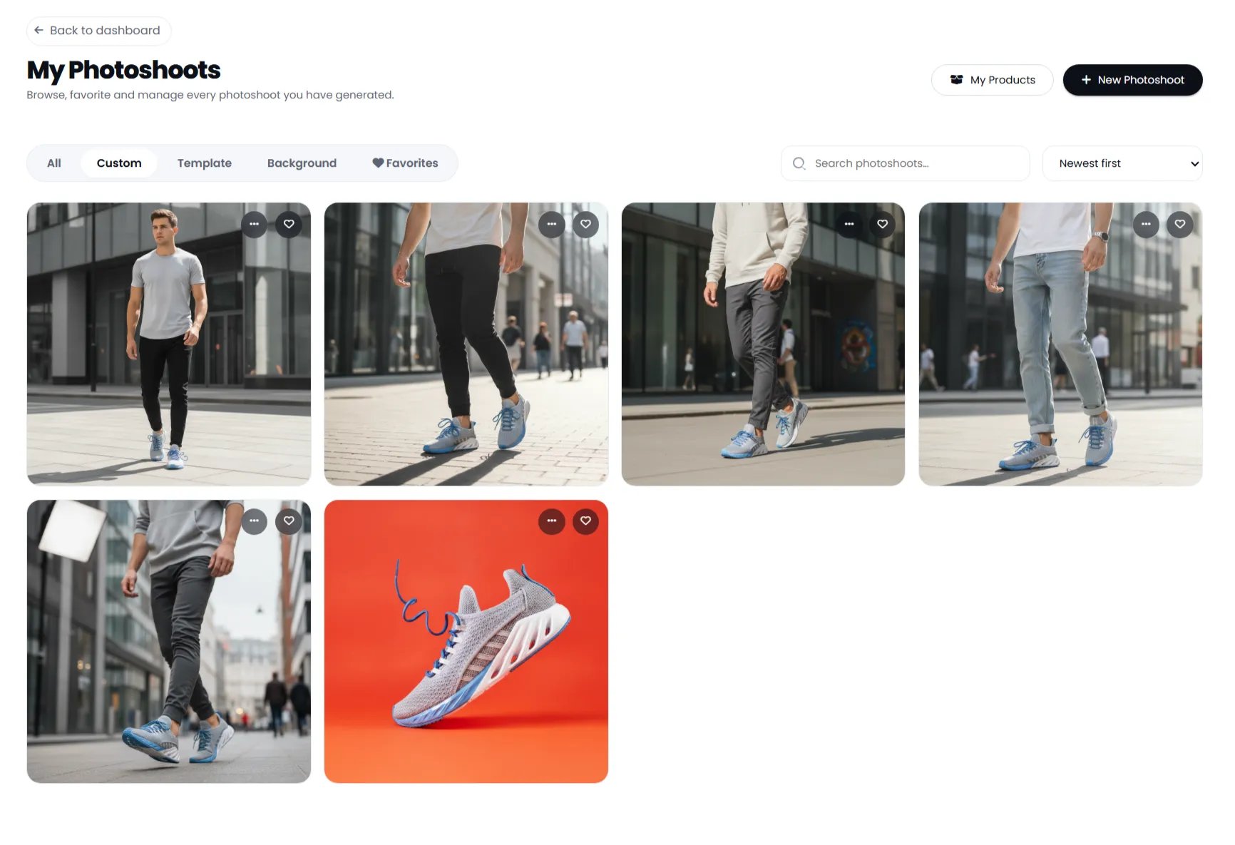 Klyra AI My Photoshoots page showing generated product photos and filters