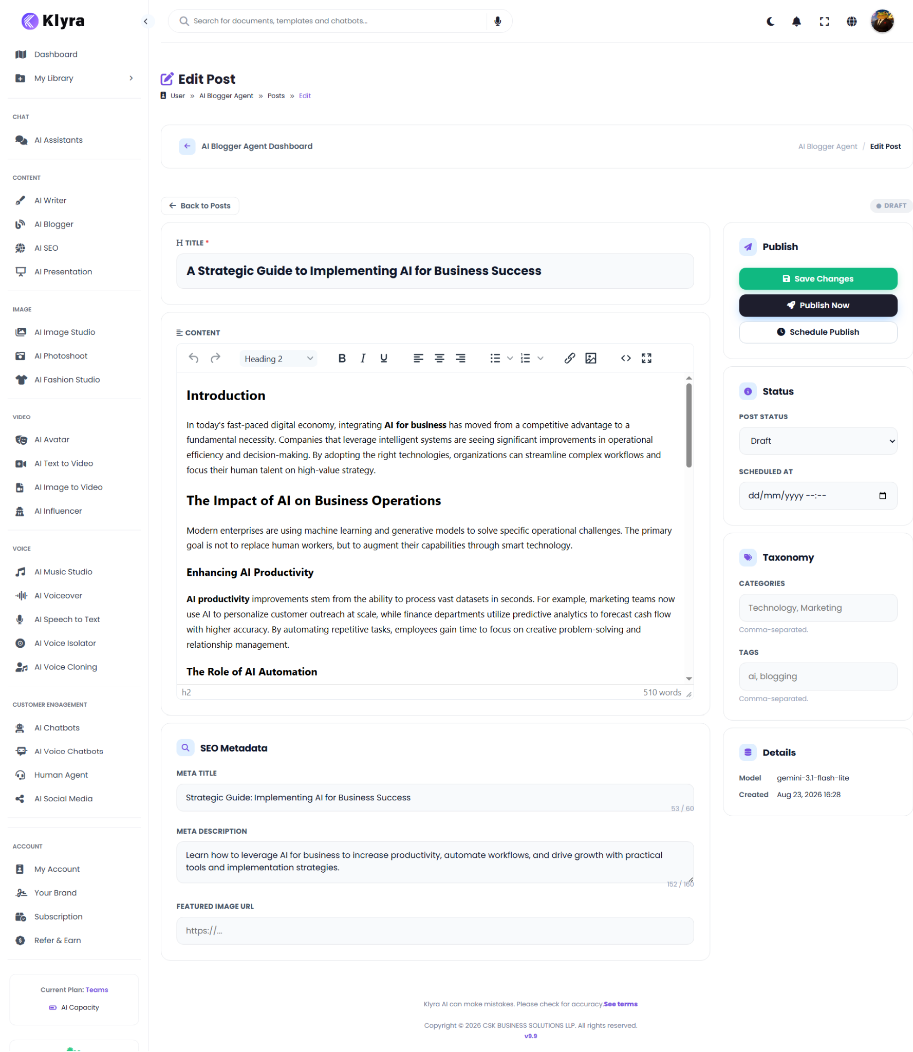 AI Blogger Edit Post screen showing the article editor, publishing controls, taxonomy, SEO metadata, and post details