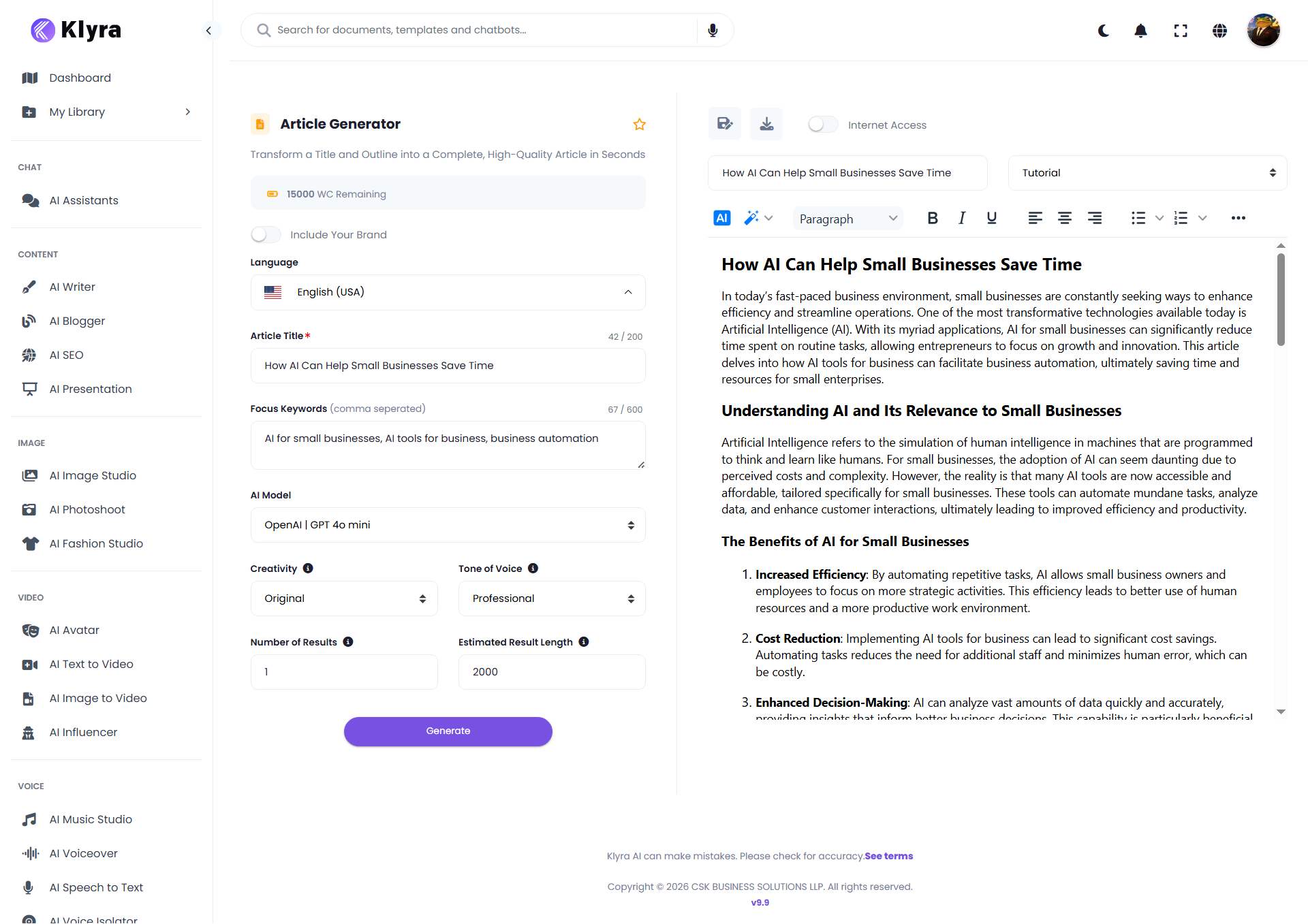 Generated article in the AI Writer editor
