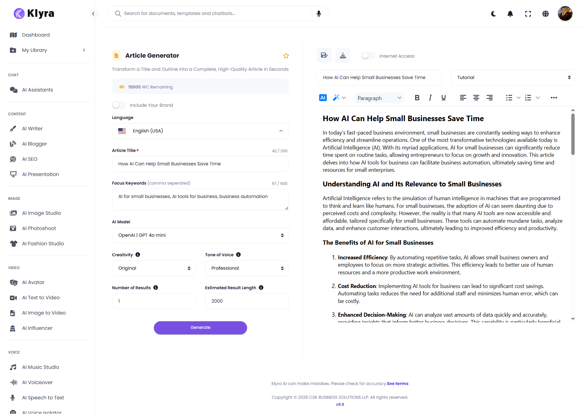 Generated article in the AI Writer editor