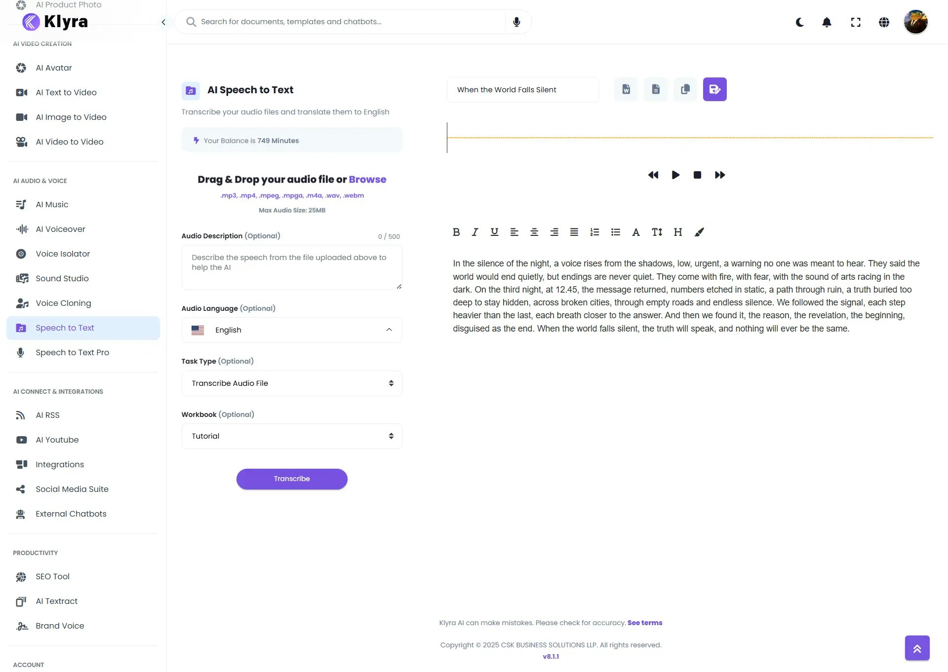 Klyra Ai Dashboard Speech To Text Web