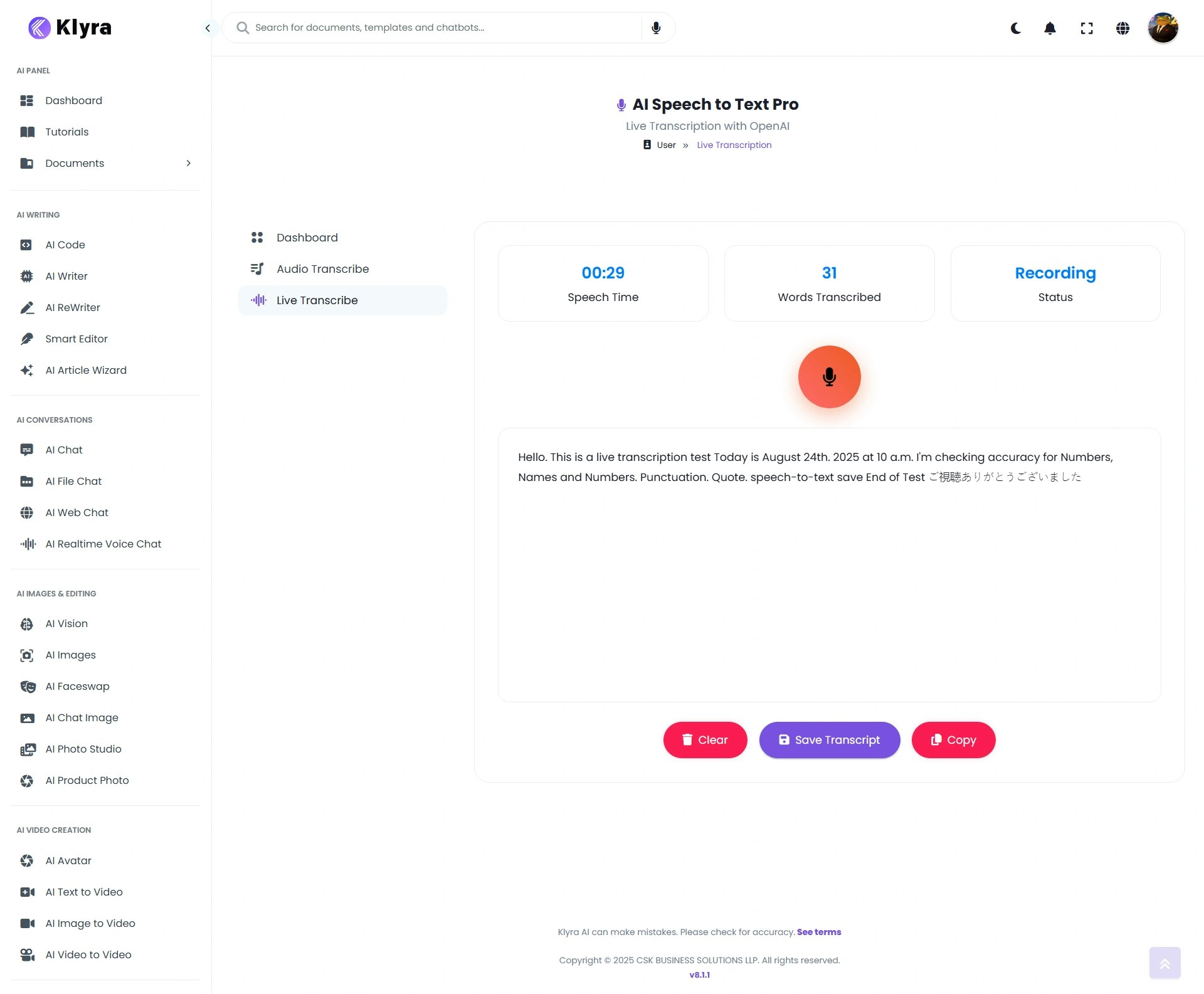Klyra Ai Live Transcribe Web