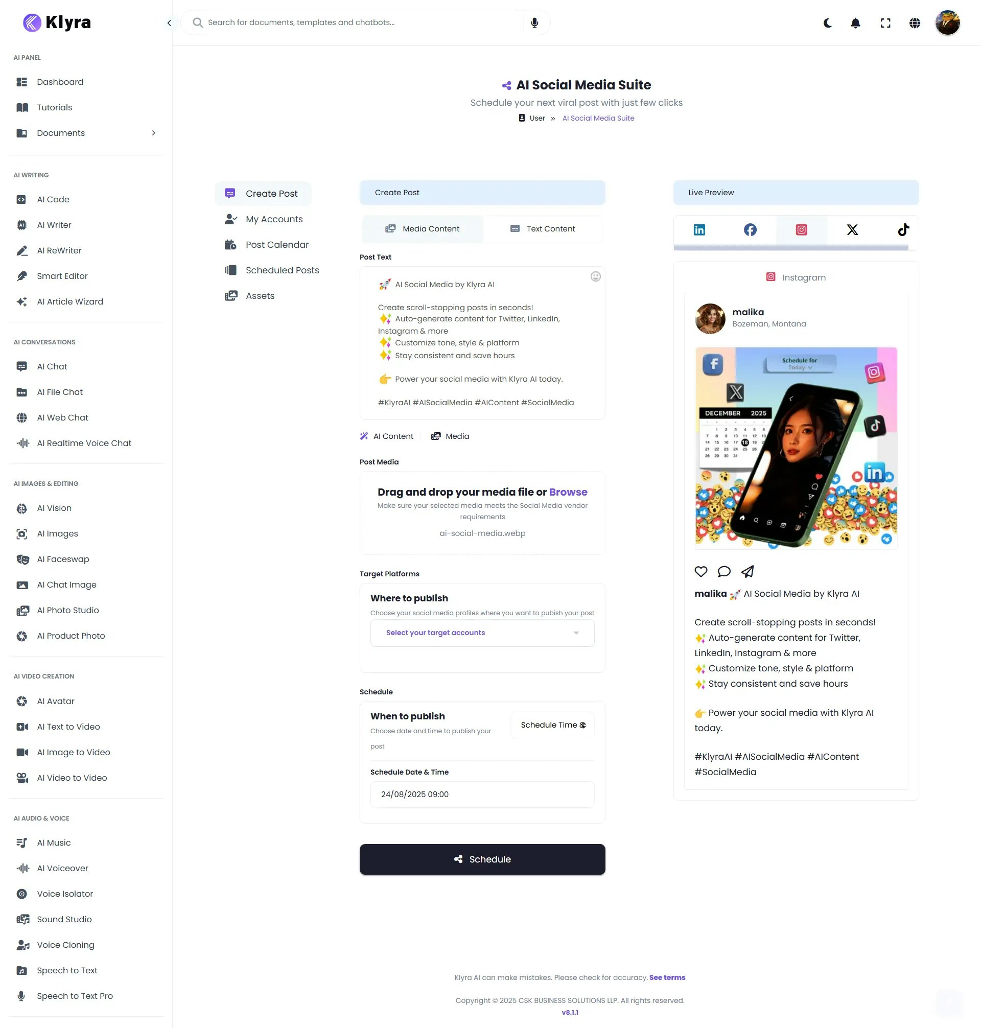 Klyra Ai Social Media Suite Create Post Web