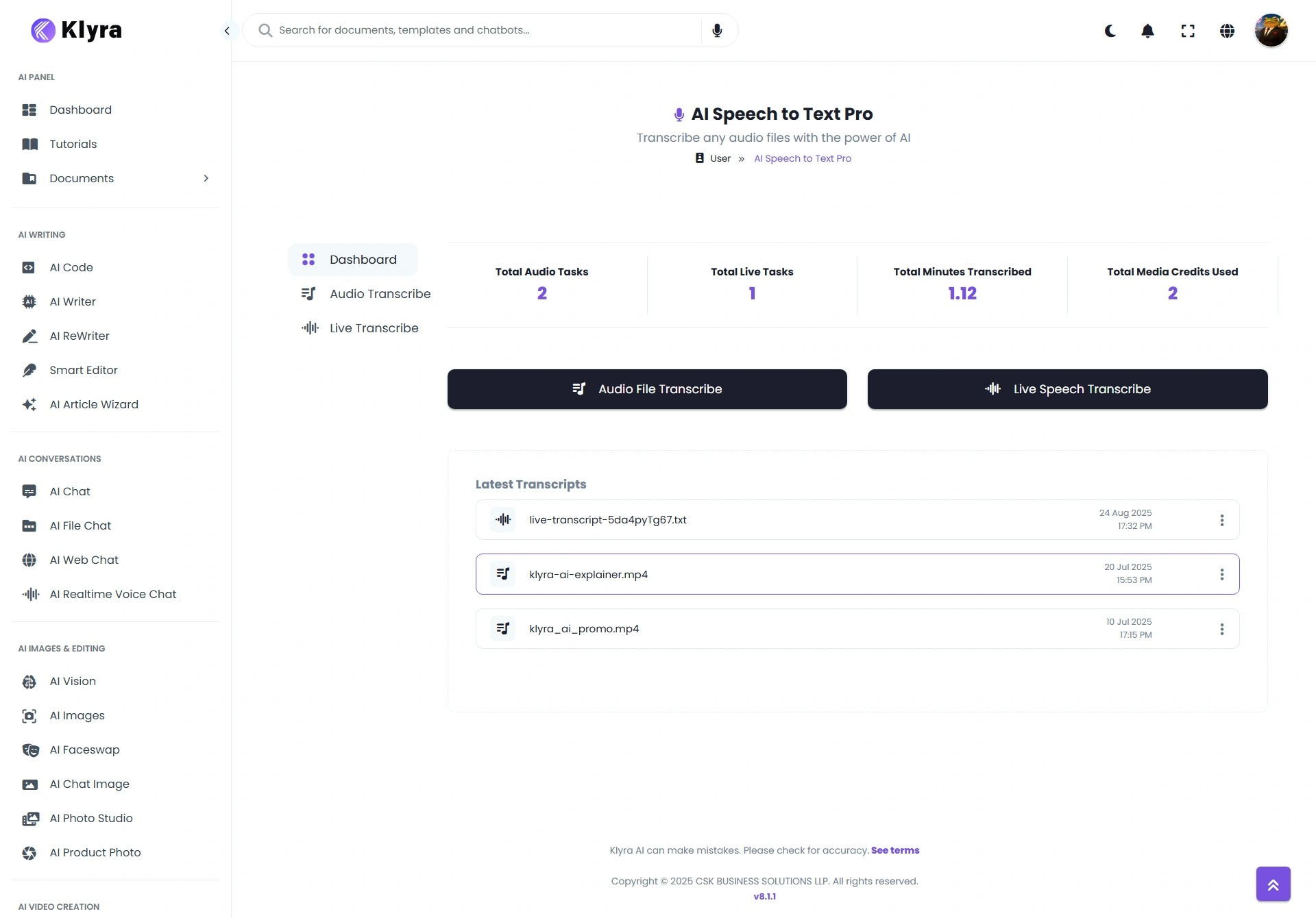 Klyra Ai Speech To Text Dashboard Web