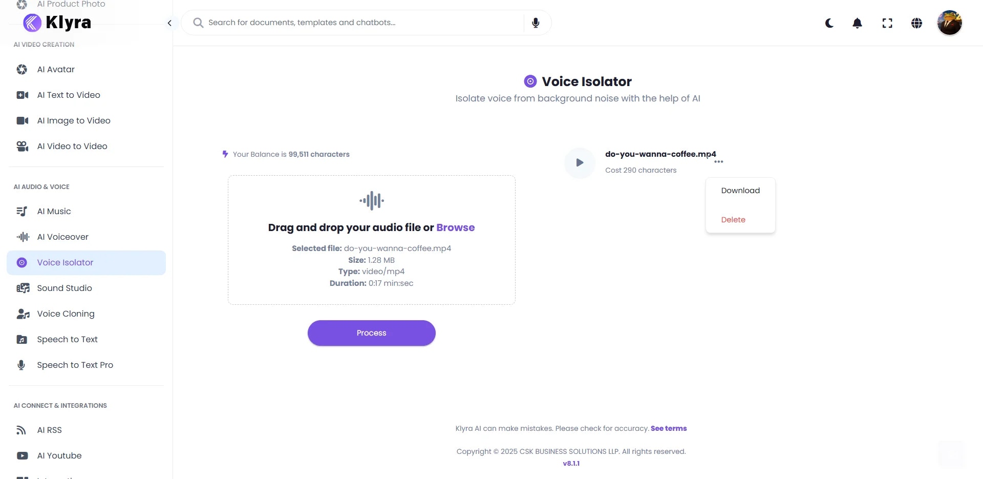 Klyra Ai Voice Solator Dashboard Web