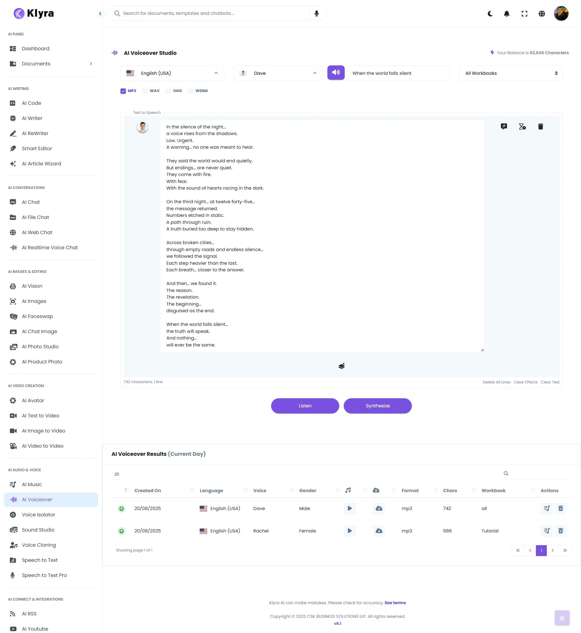 Klyra Ai Voiceover Dashboard Web