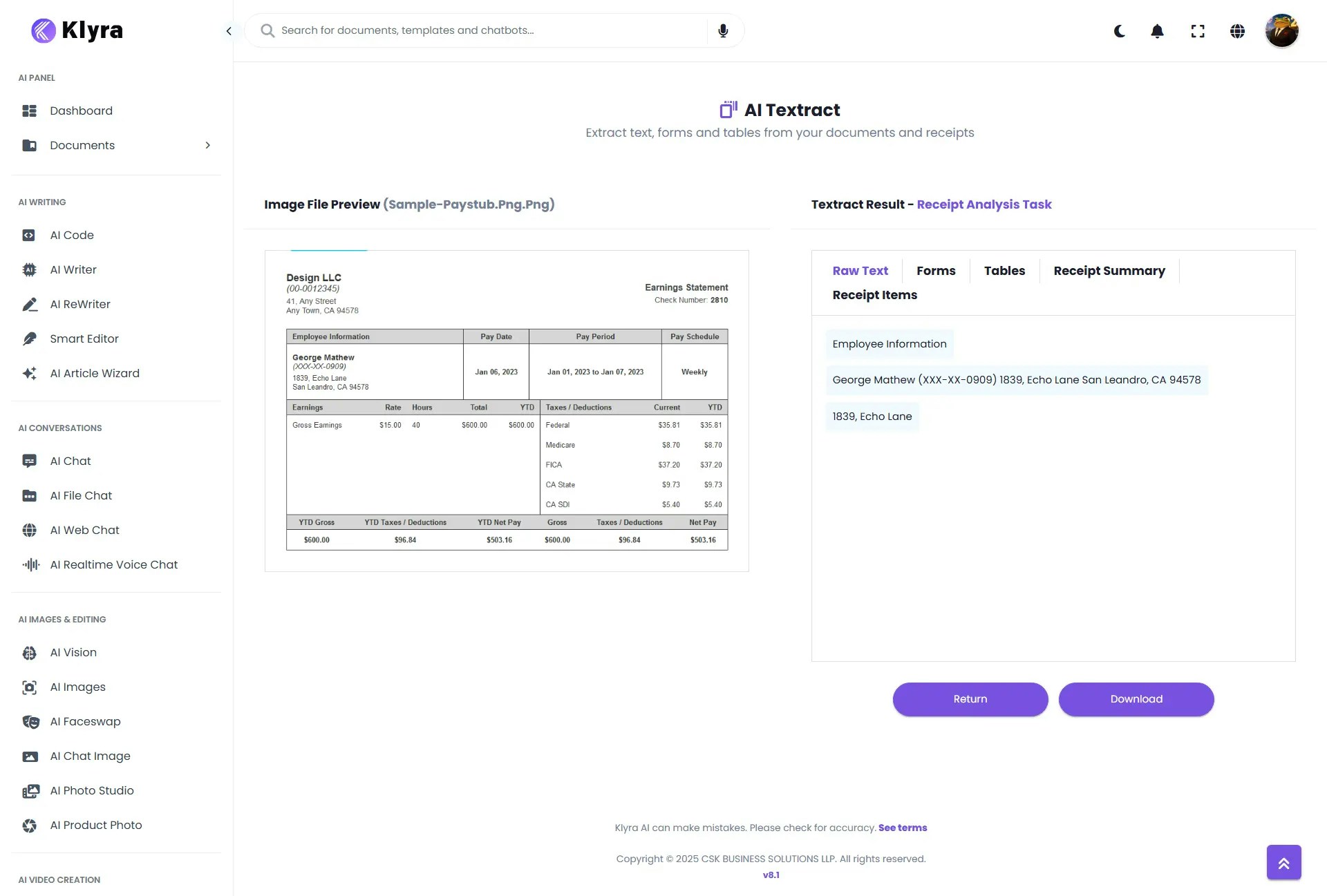 Klyra AI Textract Receipt Analysis Web