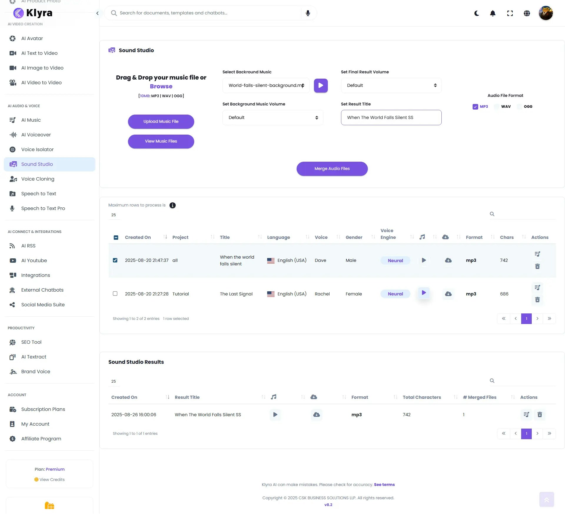 Klyra Ai Dashboard Sound Studio Web