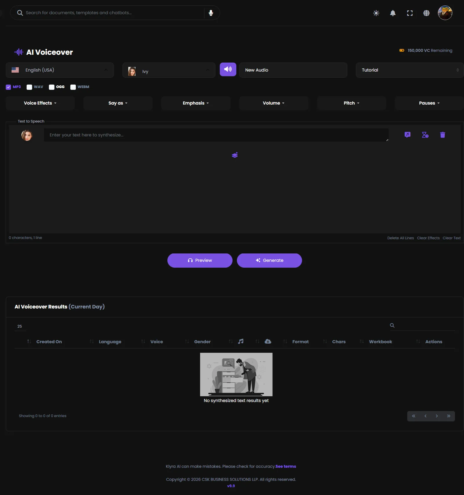 AI Voiceover workspace before entering a script