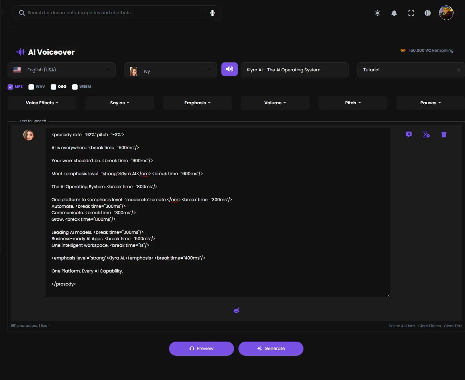 AI Voiceover workspace with a script and voice controls